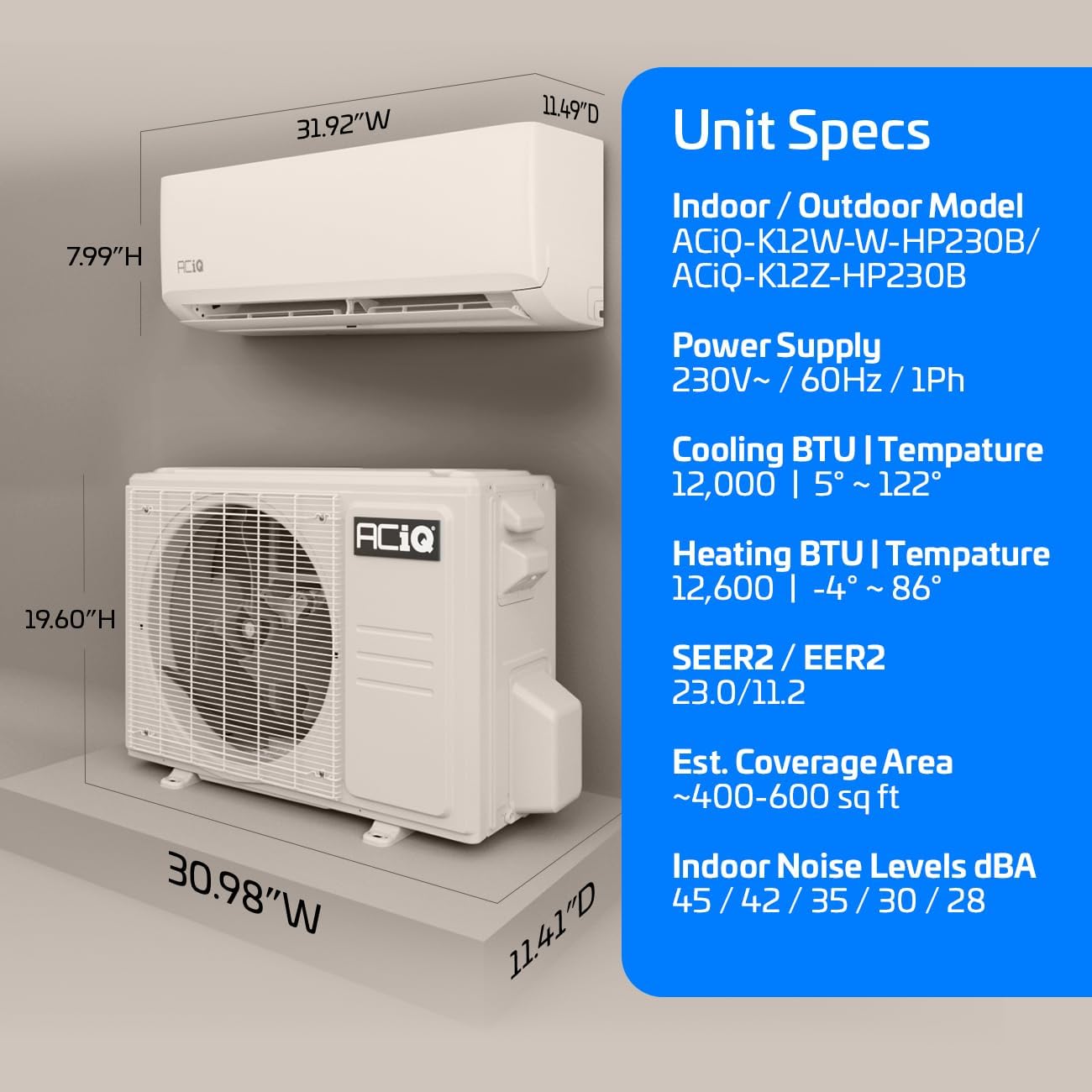 Diagram showing dimensions of the indoor and outdoor units, along with technical specifications like power supply, BTU, SEER2, and noise levels.