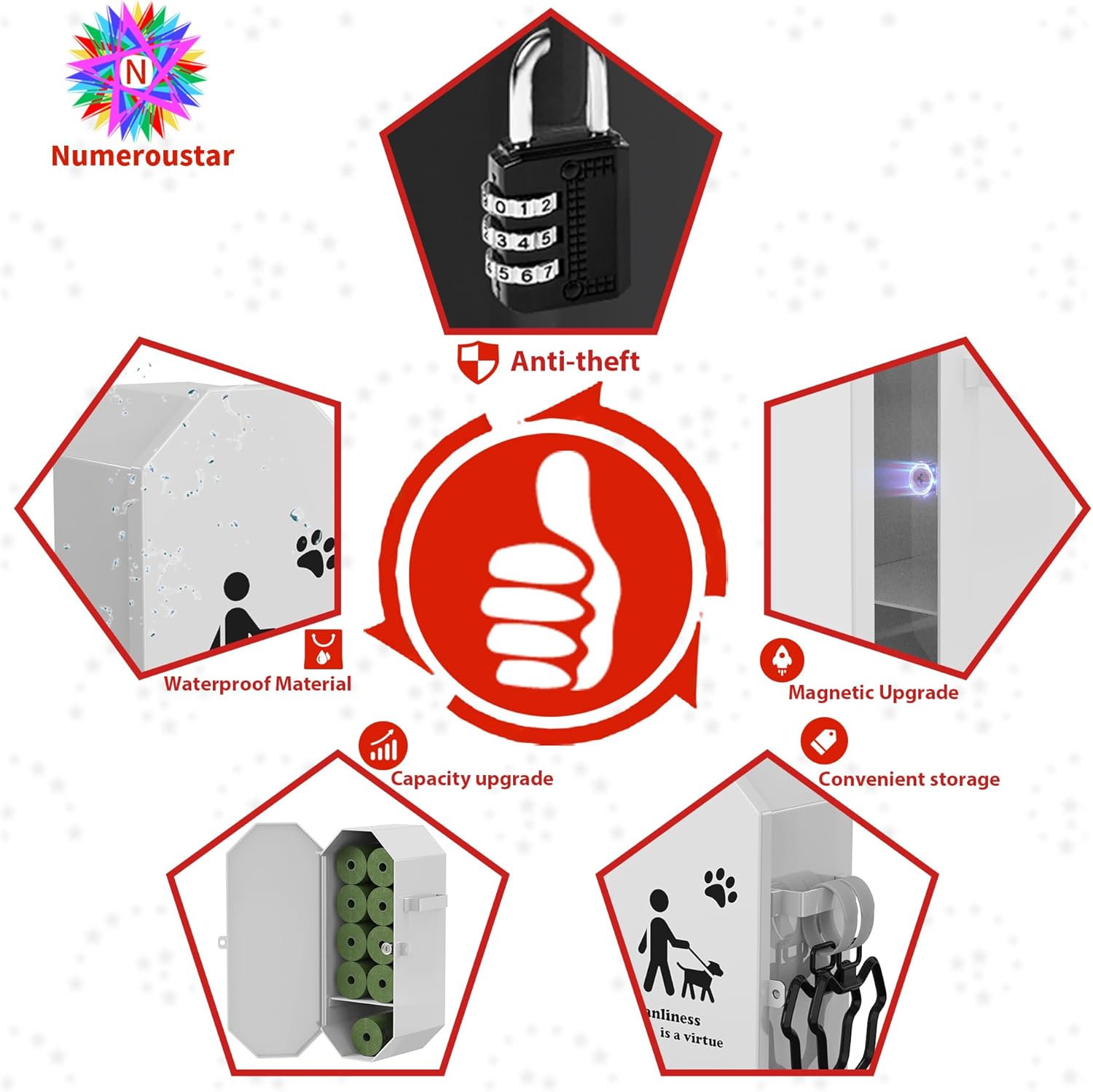 Dog Poop Bag Dispenser Wall Mount with 2Pcs Holders and 8 Rolls of Waste Bag, Metal, Corrosion-resistant, Combination Lock, Dark Gray, Suitable for Outdoor, Indoor, Raising Dogs