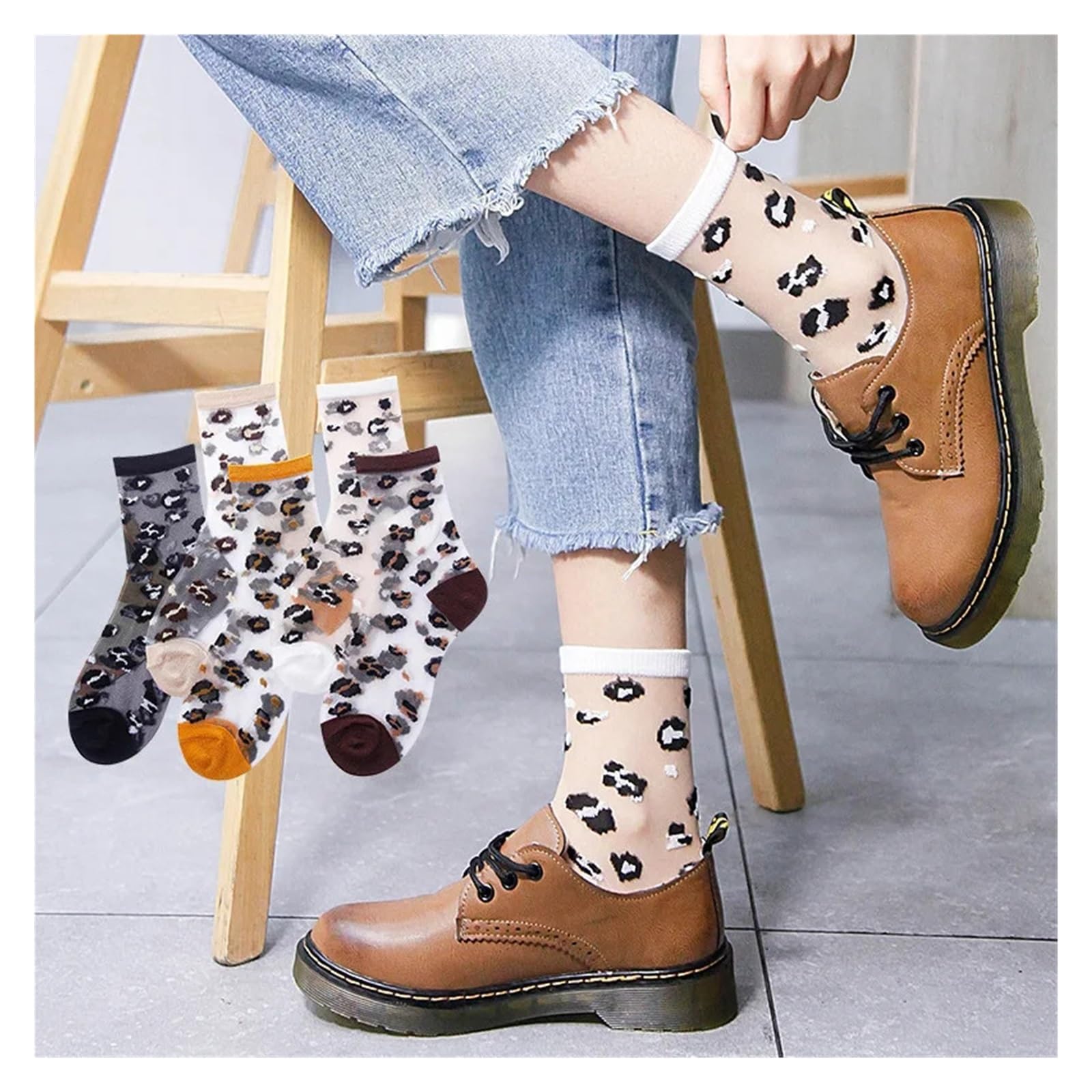 Medias Cortas Mujer 3 pares de calcetines transparentes primavera y verano for mujer, con estampado leopardo, informales transpirables