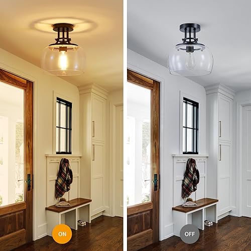 Miniatura 4 de WUZUPS Lámpara de araña rústica de granja industrial redonda semiempotrada de techo con luces LED y pantallas de vidrio transparente para baño,