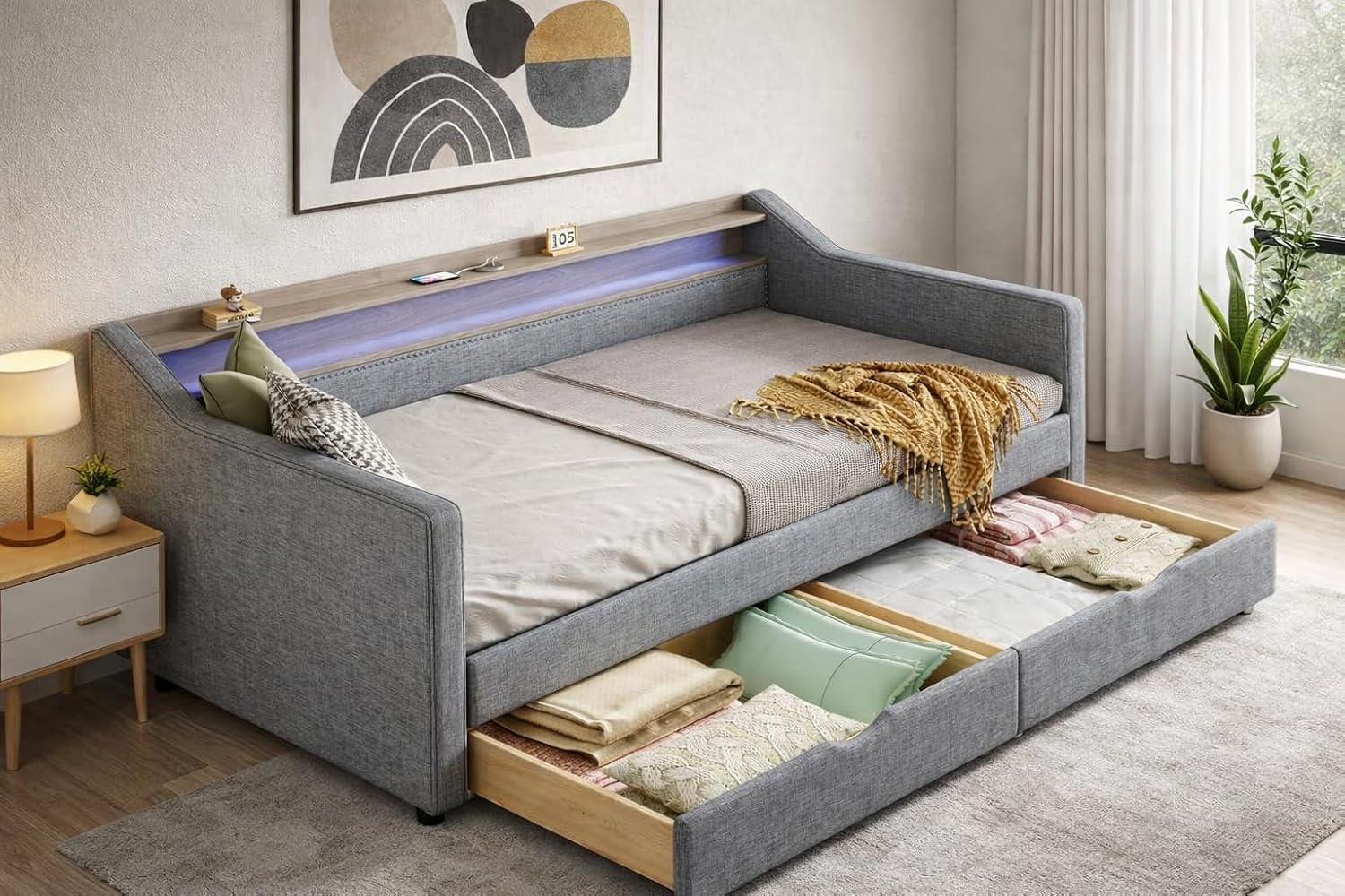 Ball & Cast Twin Size Daybed with Storage Drawers,Linen Upholstered Day Bed Frame w/ 2-Tier Shelves and Charging Station,Smart LED Light,Wood Slats Support,for Livingroom,Apartment,Light Grey