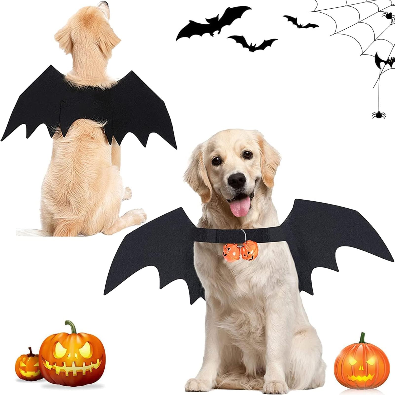 Lindas Alas de Perro Disfraz de murciélago para Mascotas con Campana de Calabaza Pet Halloween Alas Mascota ala De Murciélago para Mascotas Disfraces para Gatos Perros Fiesta de Halloween (Negro)