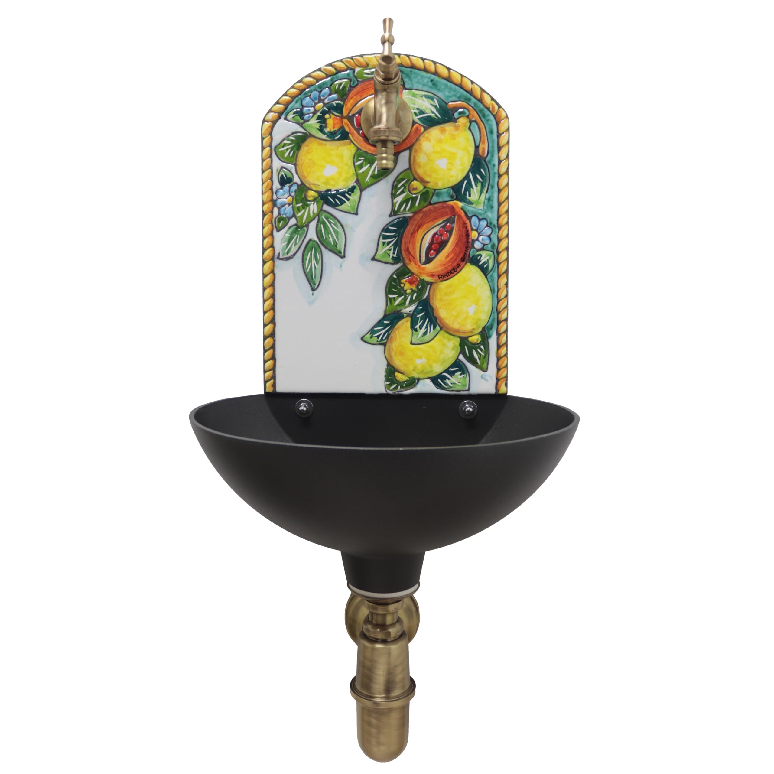 Wandbrunnen Petra mit handbemalter Front aus Lavastein mit Zitronen und Granatäpfeln verziert, Wanne aus Aluminium, komplett mit Wasserhahn und Siphon (Messing brüniert)