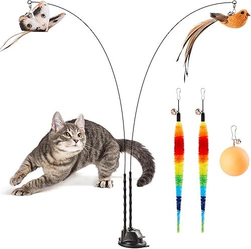 Potaroma Juguete interactivo de varita para gatos con ventosa, doble varita para gatos de interior con 5 accesorios de bolas de plumas, base de