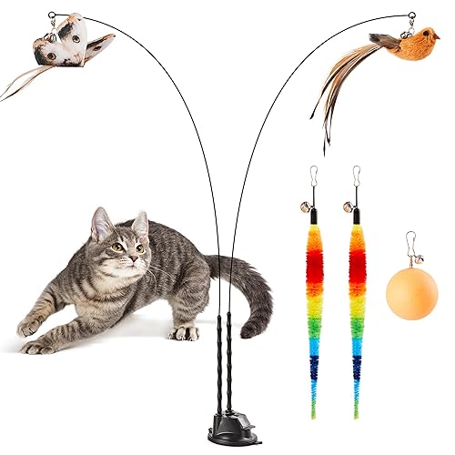 Potaroma Suction Cup Cat Wand Toys, Dual-Wand Interactive Kitten Toy for Indoor Cats with 5 Pcs Feathers Balls Attachments, Charcoal Base