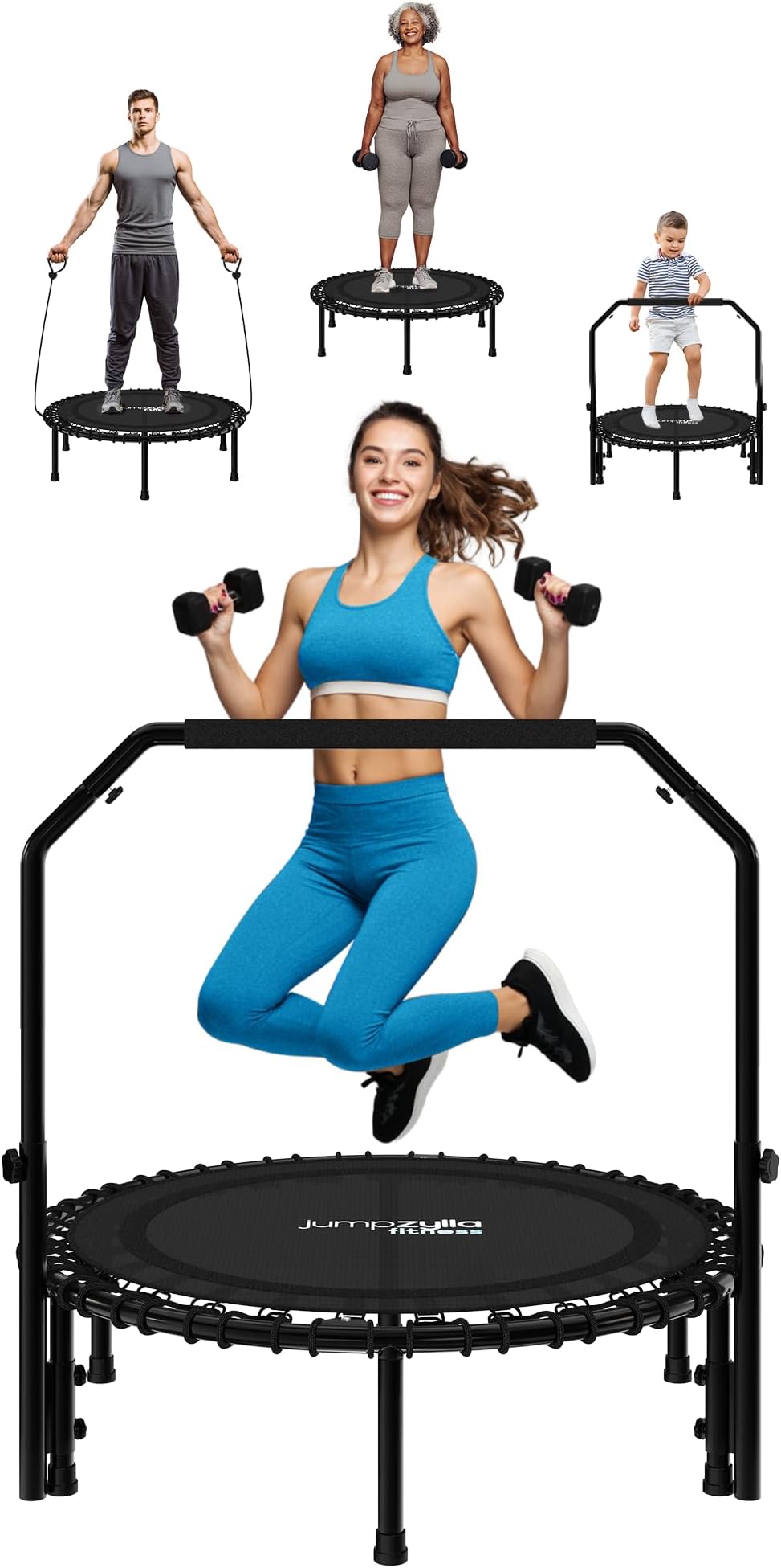 Jumpzylla Fitness Trampoline 40" or 48" | Foldable Mini Rebounder for Adults with Adjustable Handle | Durable, Quiet, Low-Impact Exercise Equipment for Indoor and Home Workouts (550 LBS Capacity)