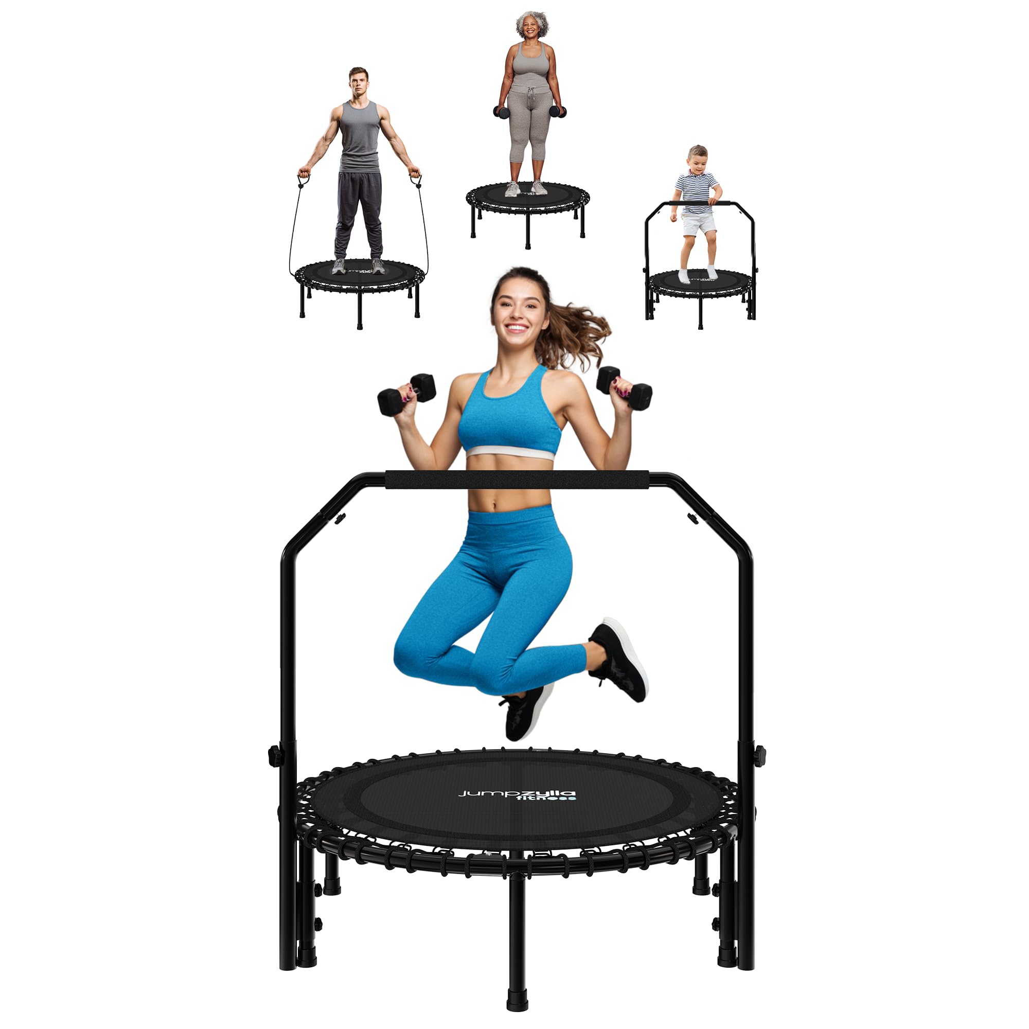 Jumpzylla Fitness Trampoline 40" or 48" | Foldable Mini Rebounder for Adults with Adjustable Handle | Durable, Quiet, Low-Impact Exercise Equipment for Indoor and Home Workouts (550 LBS Capacity)
