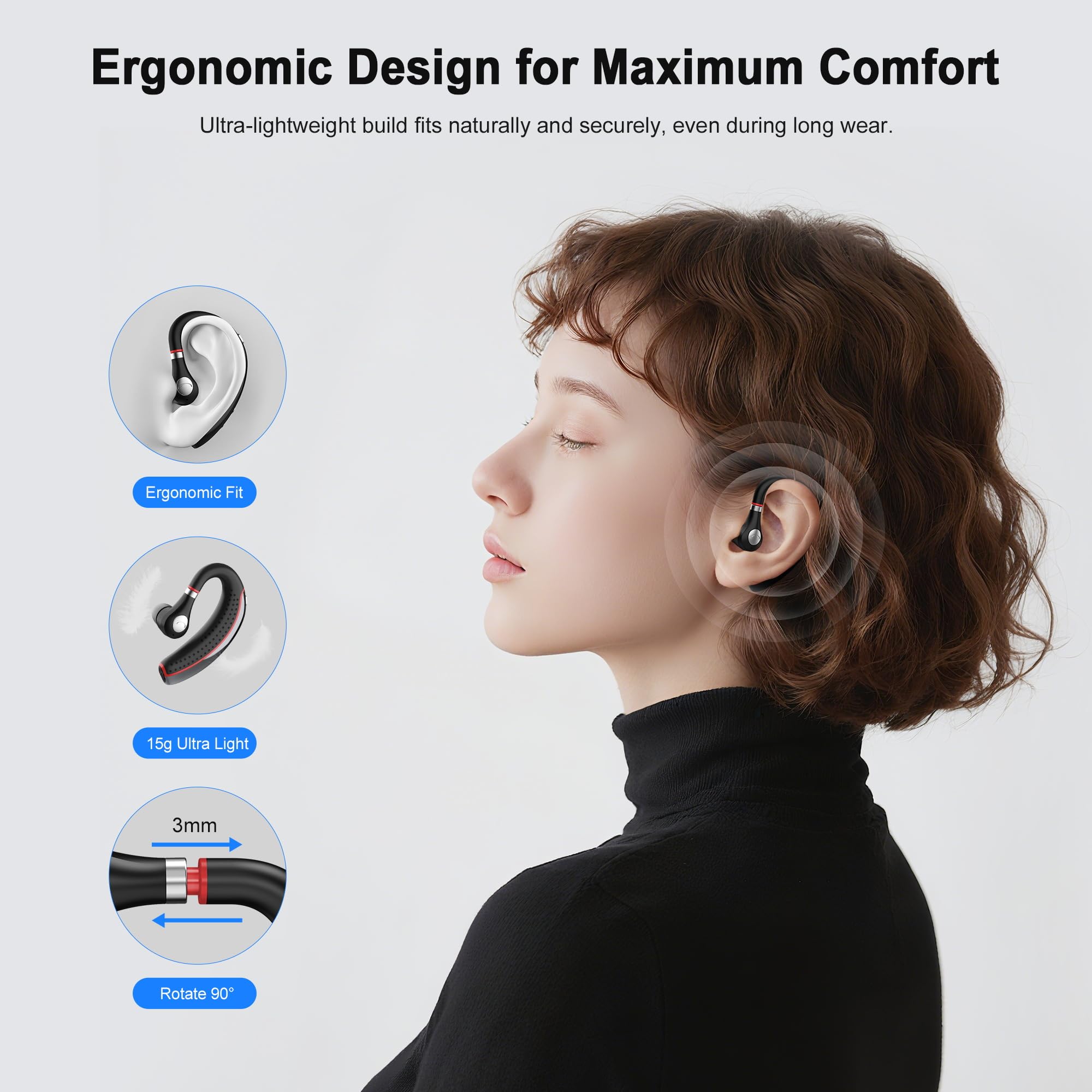 Auriculares Bluetooth V5.3, auriculares Bluetooth con tiempo de conversación de 72 horas, auriculares manos libres, ajuste cómodo, auriculares Bluetooth con micrófono para dispositivos iOS