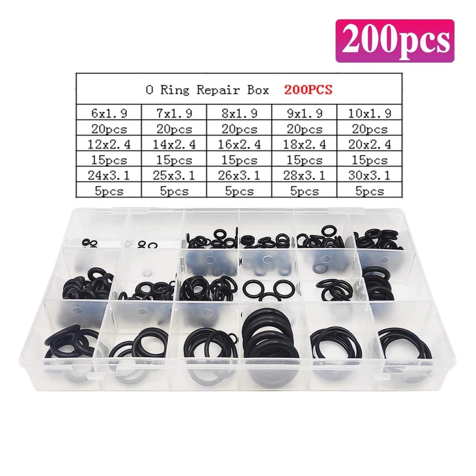 Pacchetto guarnizioni O-ring in gomma Set guarnizioni O-ring in gomma nitrilica Set guarnizioni O-ring for valvola NBR - Kit guarnizioni assortite(200pcs)