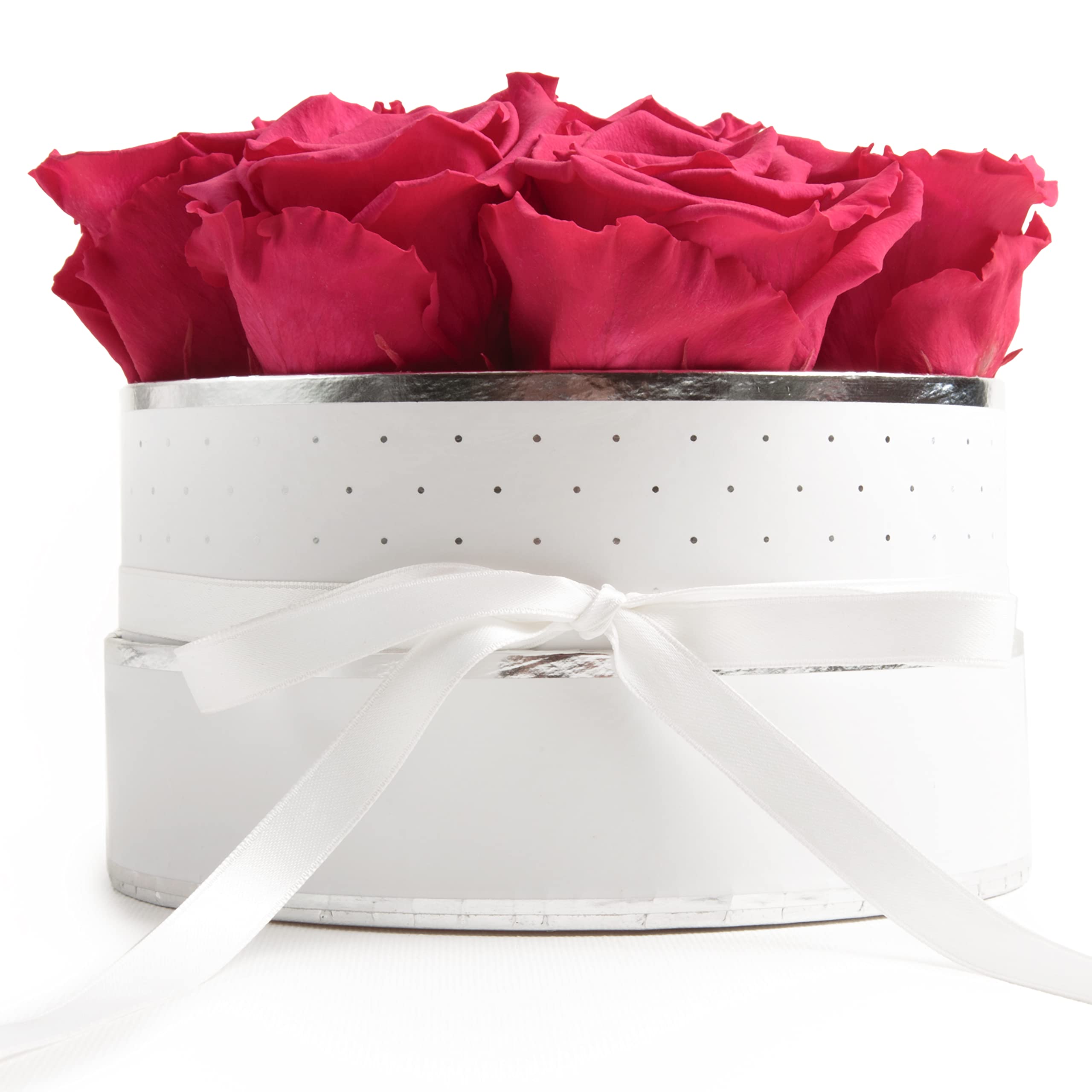Rosenbox rosa rund Infinity Rosen - Flowerbox 8 echte Rosen haltbar 3 Jahre Durchmesser 15 cm - Geschenk für Frauen (Weiß-Pink)