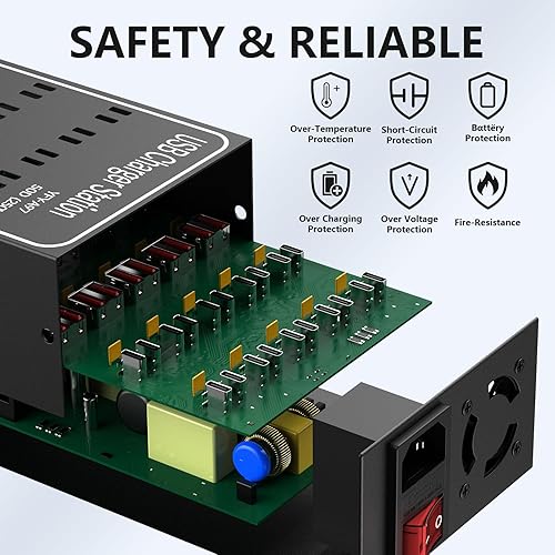 Miniatura 7 de Estación de carga USB múltiple, 50 puertos de 250 vatios (50 A), bloque de carga USB  C con interruptor de alimentación, estación de carga de