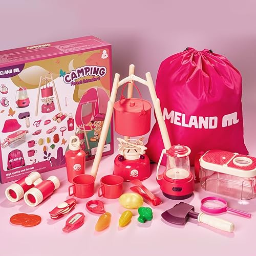 Vista 13 de Meland Juego de campamento para niños con tienda de campaña, juguetes para niños con fogata, juguetes de campamento para niños en interiores