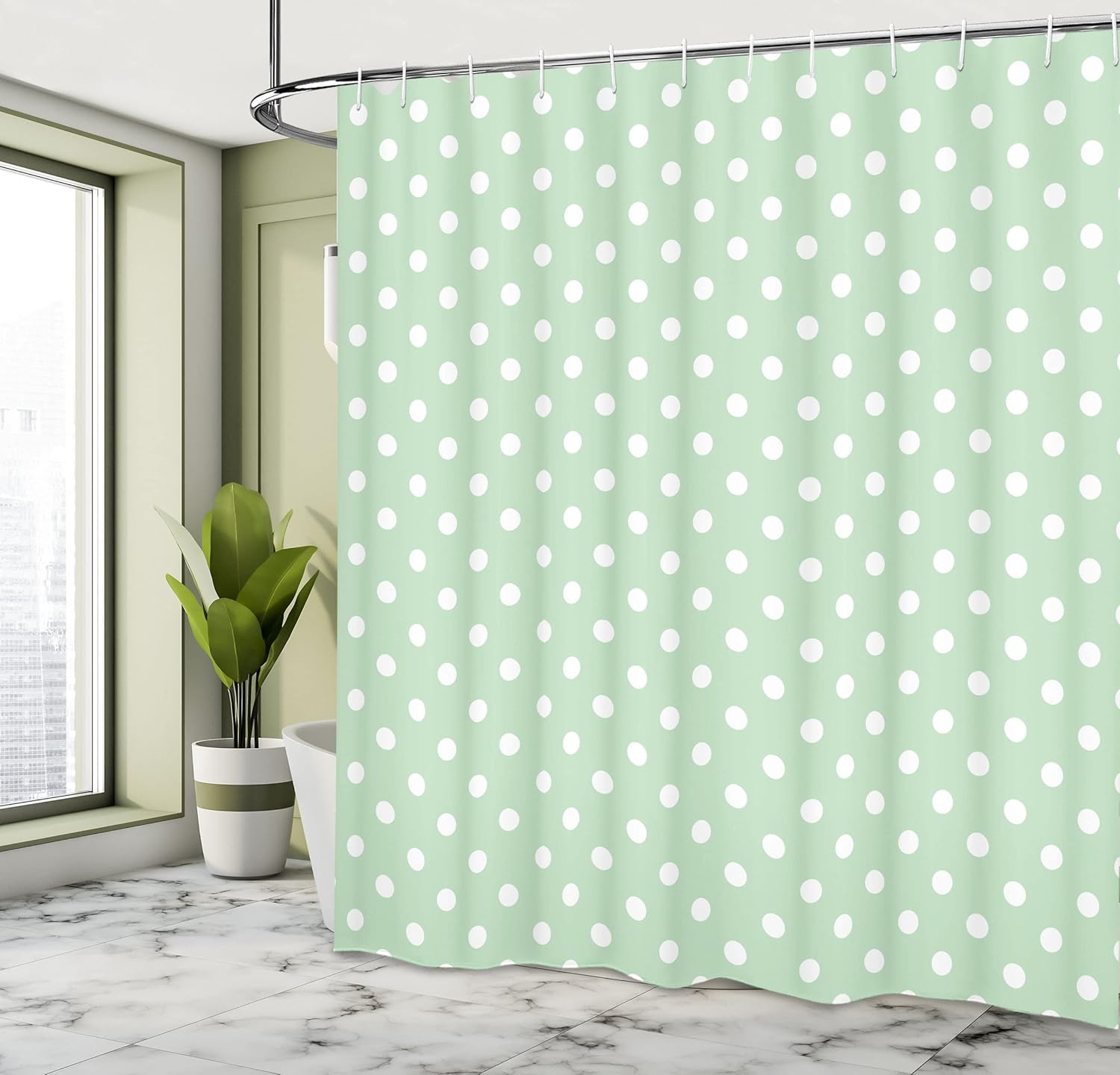Ambesonne Mint Shower Curtain, Classical Old Fashioned Polka Dots Pattern on Pale Green Fresh Background, Cloth Fabric Bathroom Decor Set with Hooks, 69" W x 70" L, Mint Green