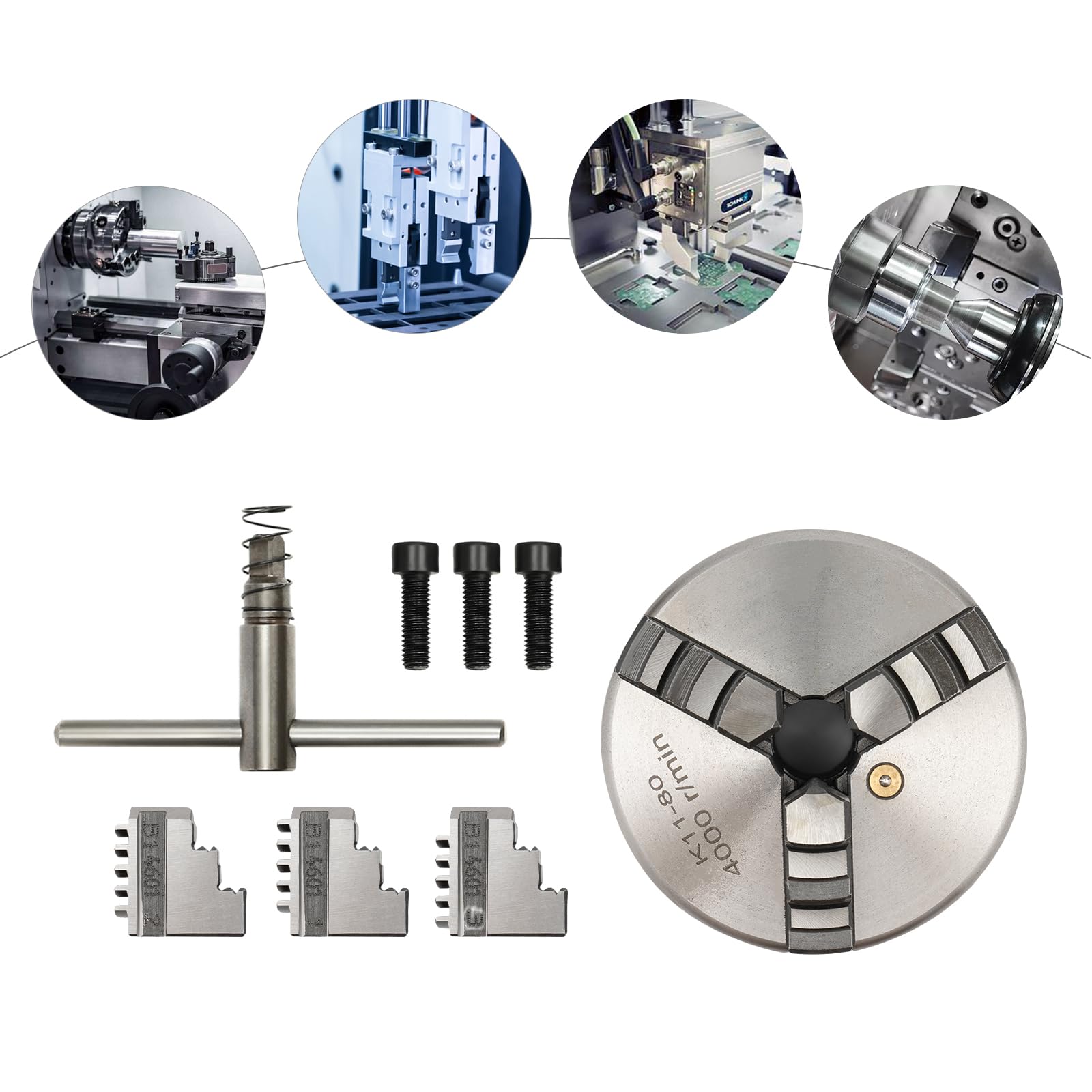 Mandril autocentrado de 3 mordazas, plateado, hierro + acero, rango de sujeción de 2 a 22 mm, rango de sujeción de 25-70 mm, con llave de mandril + mandíbulas, para tornos y CNC