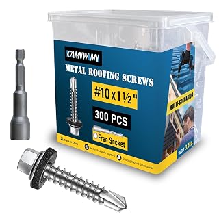 300Pcs #10 x 1-1/2 Inch Galvanized Metal Roofing Screws, Hex Head Drill Point Sheet Metal Roof Screw with Rubber Washer, EPDM Washer, with Hex Drive Bit. - Amazon product rated Grade A