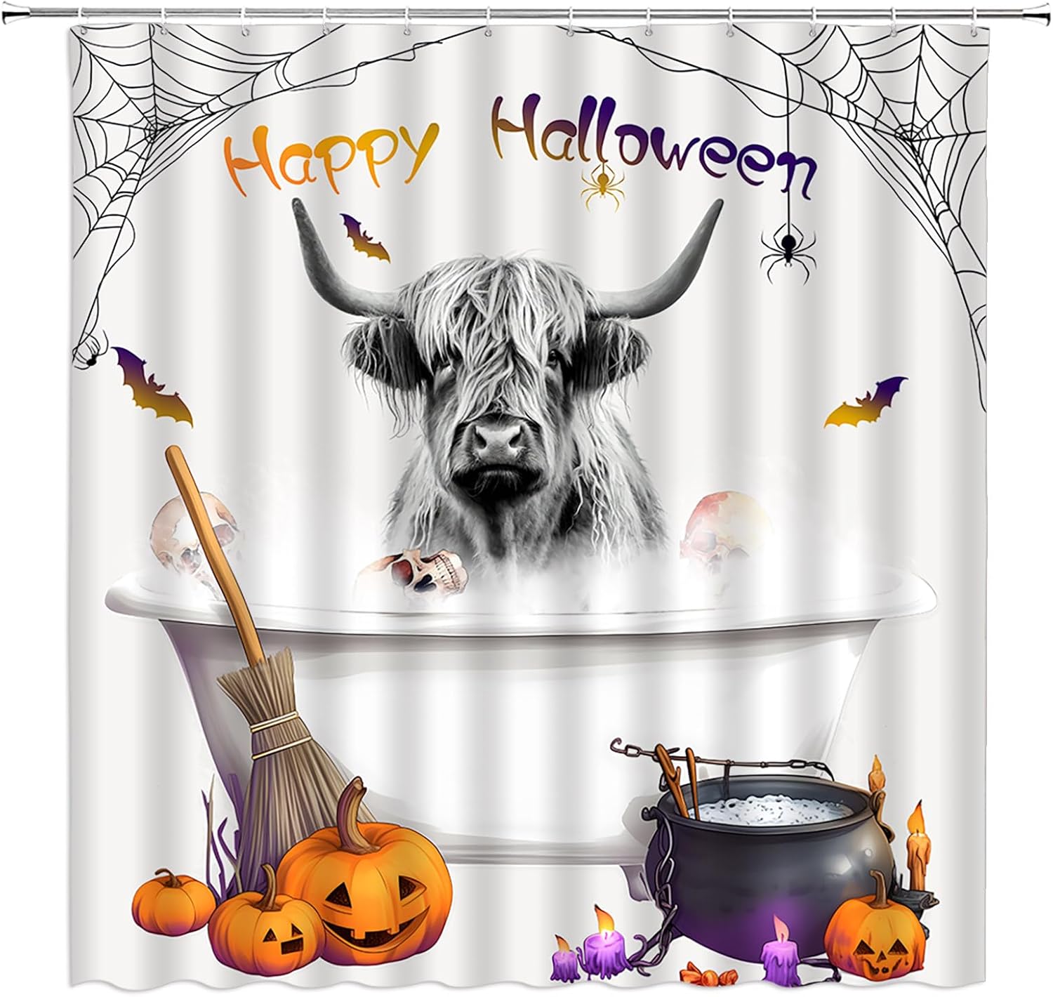 Halloween Extra Long Shower Curtain,Funny Highland Cow Wooden Witchy Longhorn Scary Festival Farmhouse Animal Rustic Gray Bathroom Home Curtain Decor with Hooks,70x78 Inch