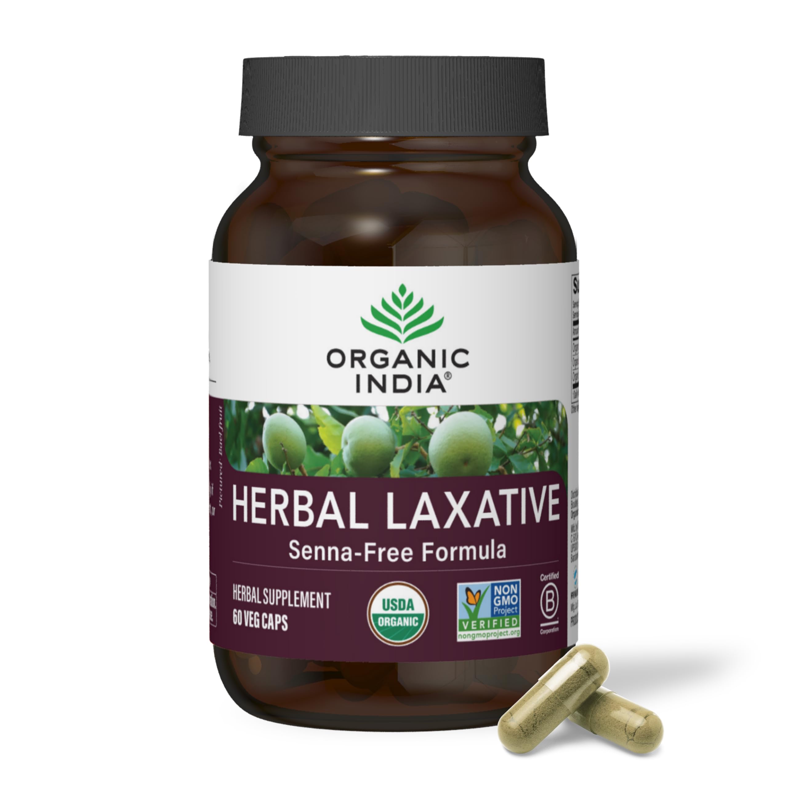 ORGANIC INDIA Herbal Laxative - Gentle & Natural Laxatives, Senna Free Formula, USDA Certified Organic, Non-GMO, Vegan, Synergistic Ayurvedic Herbs, Stool Softeners - 60 Capsules