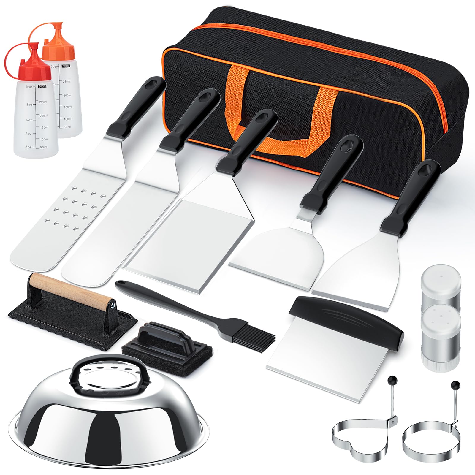 Griddle Accessories Kit, 18PCS Grill Spatula Set for Blackstone and Camp Chef, Flat Top Grill Accessories Set with Enlarged Spatulas, Basting Cover,