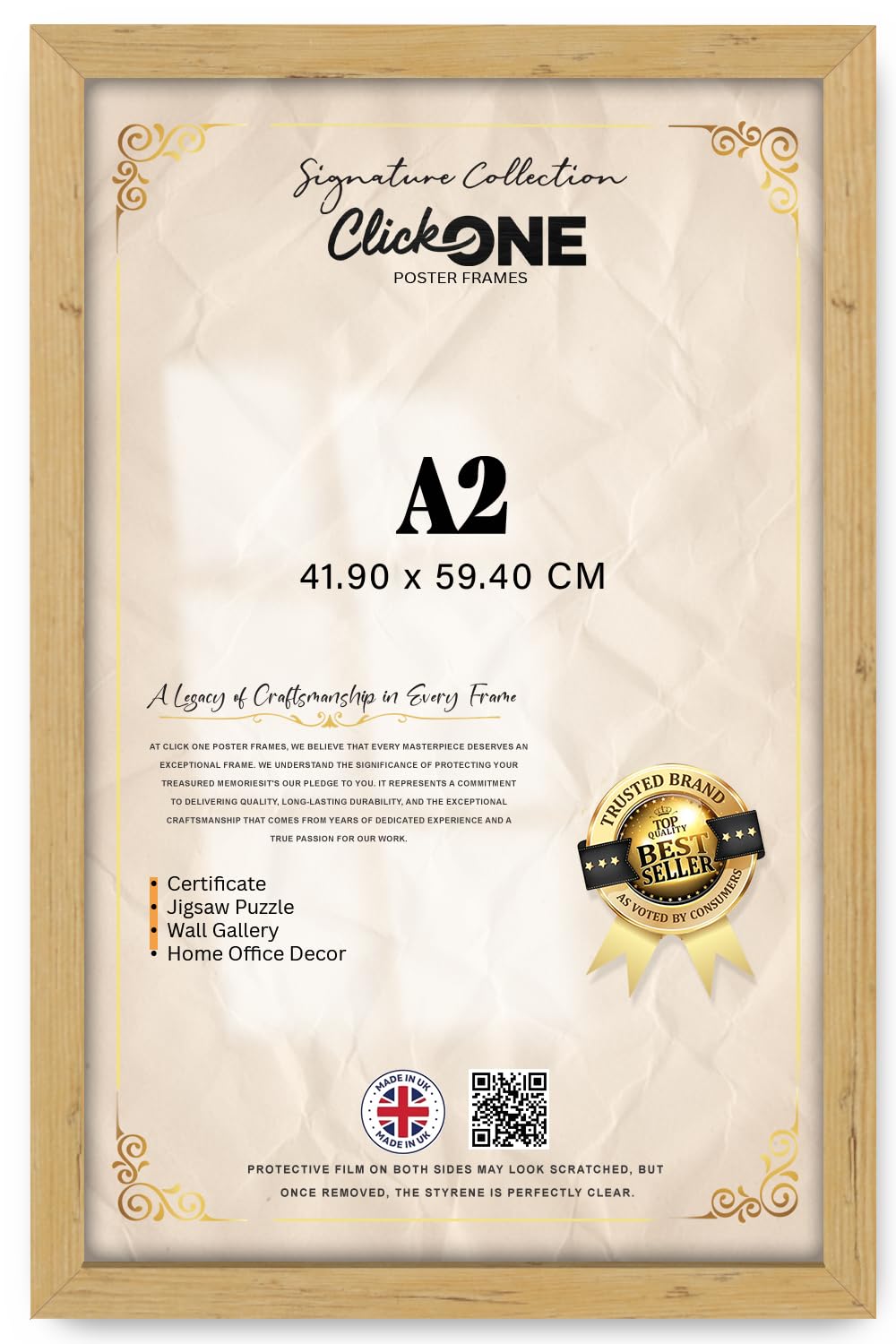 Click One — A2 (41.90 X 59.40 CM) Photo Poster | Certificate Frame With Backboard And Styrene Included For Rectangle Display Wall Hanging — 23 X 16 Inch Pine With Easy Wall Mounting
