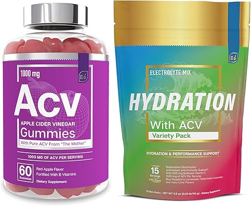 Essential Elements Gomitas de vinagre de sidra de manzana de The Mother y paquetes de polvo de hidratación sin azúcar, paquete variado, 15 paquetes