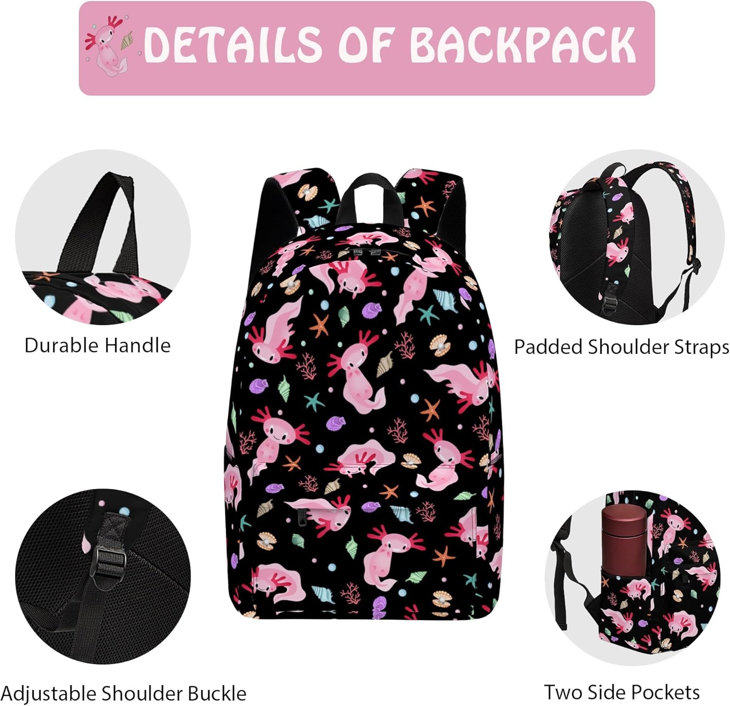 Axolotl Cute 3PCS Backpack Set for Teens Elementary Middle High School, 17 Inch Lightweight Classic Bookpack 3 in 1 Set for Girls Boys, Kids Back to School Backpack with Lunch Box Pencil Case
