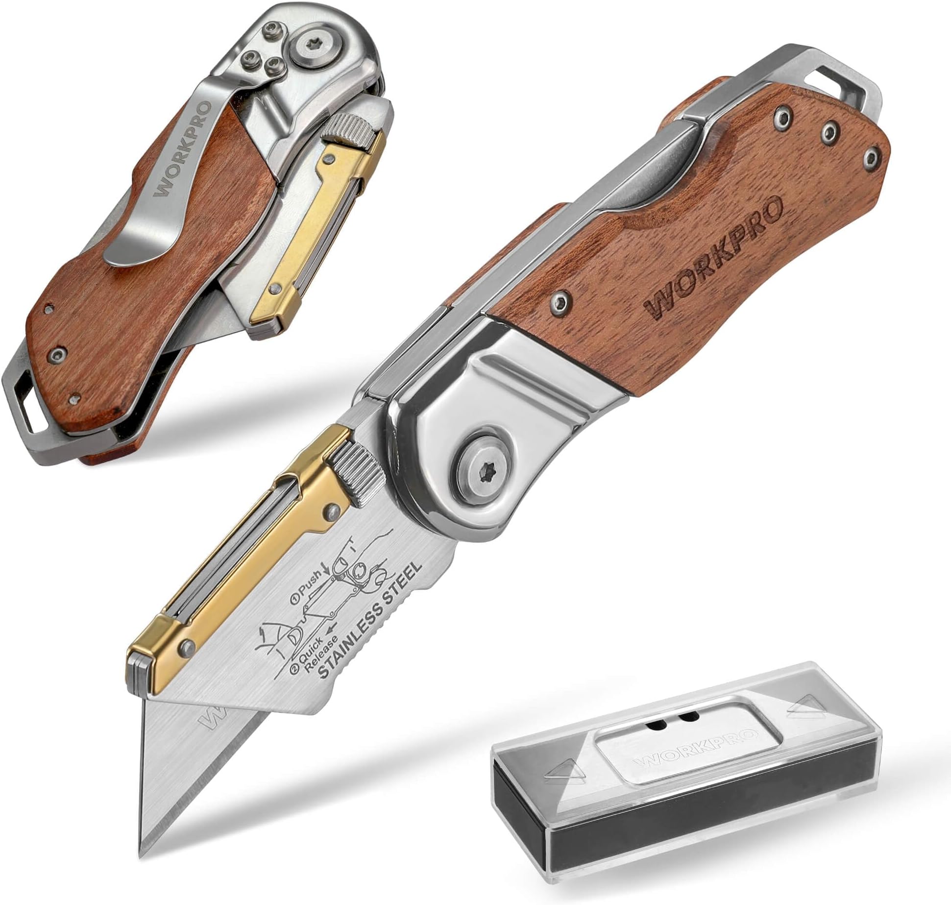 WORKPRO Folding Utility Knife with Belt Clip and Extra 10-piece Blades, Wood Handle Heavy Duty Cutter, Quick-change & Back Lock