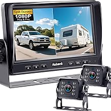 Dual RV Backup Camera System: 7" Monitor with Split Screen No Lag Easy Installation Plug and Play HD 1080P Rear View Camera Wired Kit IP69 Waterproof IR Crystal Night Vision for Truck Tractor R4