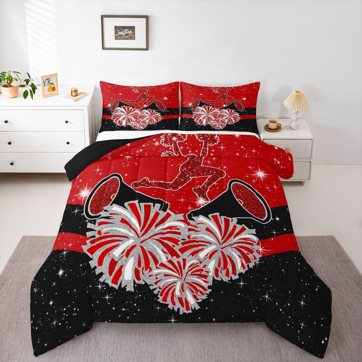 Castle Fairy Cheerleader Kids Comforter Set King Size,Cheerleading Glitter Red Black Reversible Bedding Set All Season Quilt,Girly Cheerleading Dance Microfiber Polyester Down Comforter