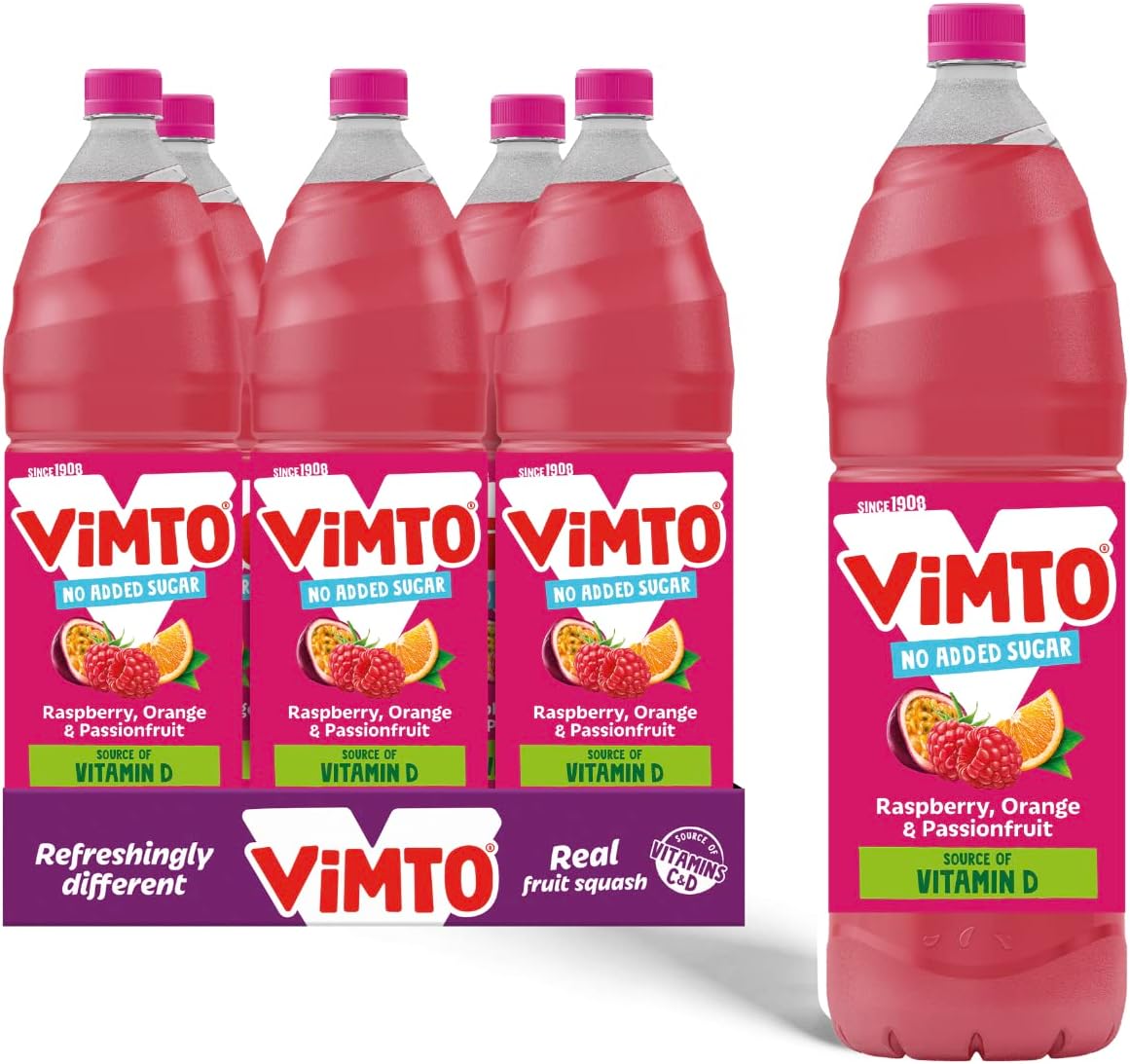 Vimto Fruit Squash – No Added Sugar – Raspberry, Orange & Passionfruit – Vitamin D – 6 x 1.5L Bottles – Vegetarian – Low Calorie Cordial