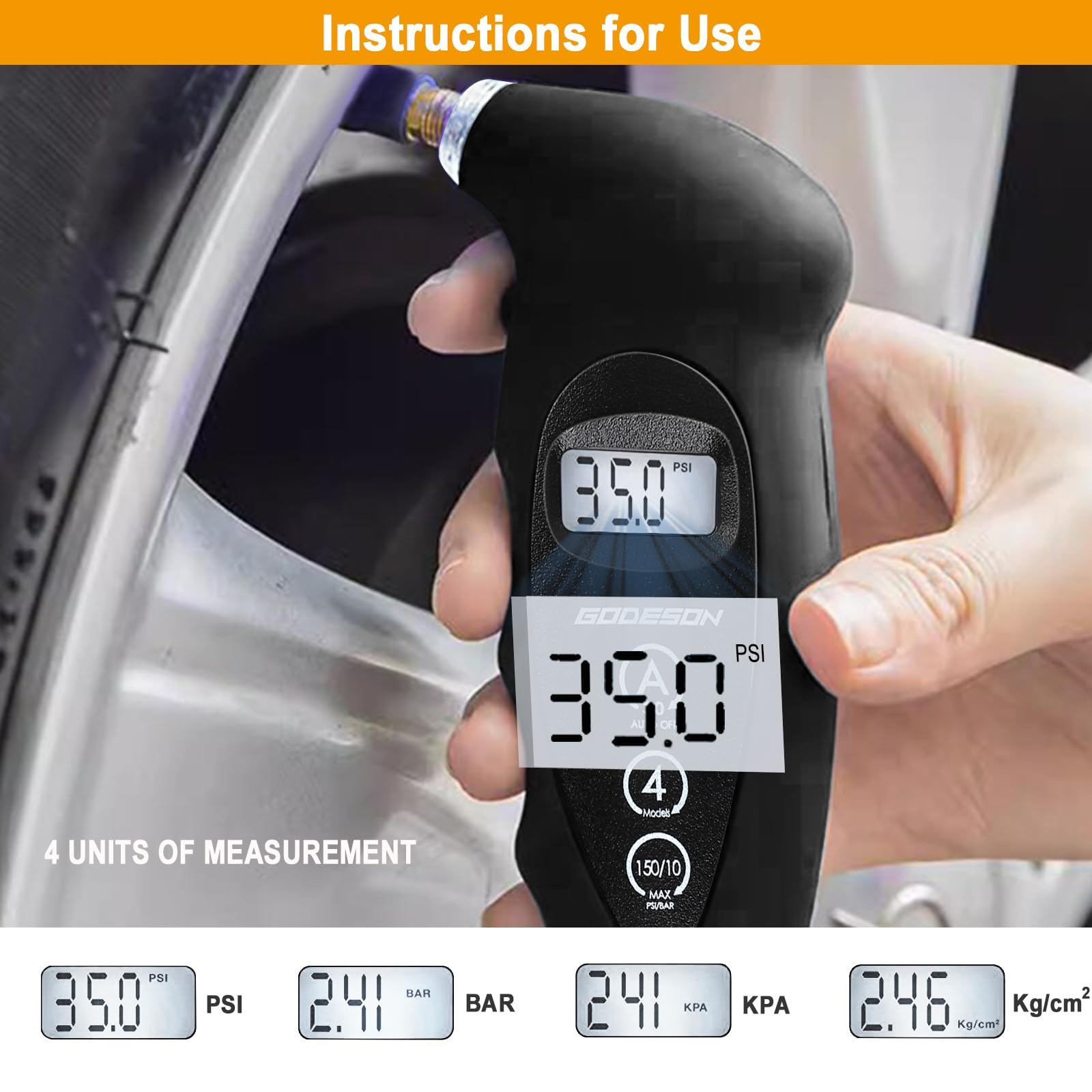 GODESON Manometro digitale per pneumatici, 150 psi, 10 bar, 4 impostazioni, accessorio per auto con LCD retroilluminato, manometro per pneumatici adatto per auto, camion, biciclette, moto