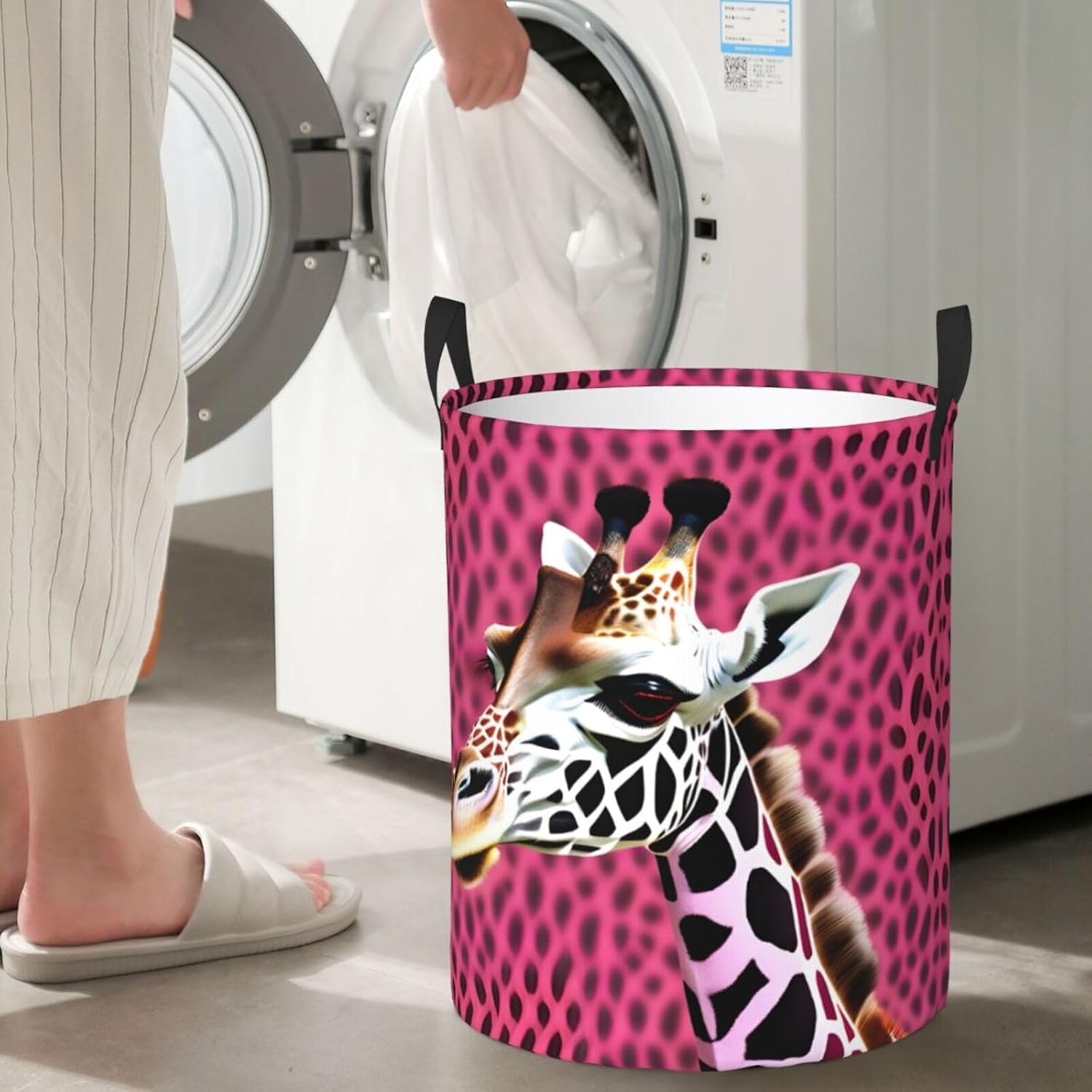 Pink Giraffe Texture Print Circular Protable Storage Bin Organizer Round Basket For Laundry Hamper With Handles Bedroom Clothes