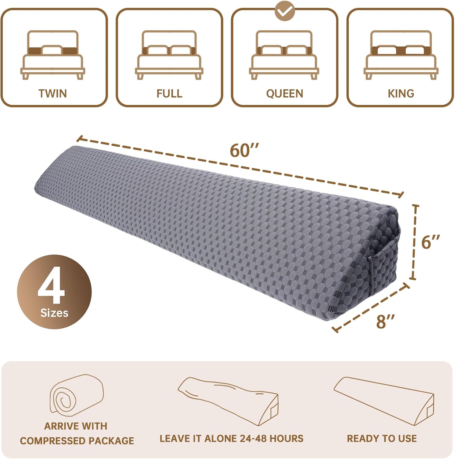 Queen Size (60"x6"x8") Bed Wedge Pillow for Headboard Mattress Gap Filler (0-6") for College Dorm Sleeping, White