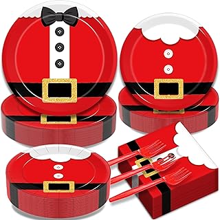 200Pcs Santa Claus Christmas Party Plates and Napkins Sets, Santa Claus Suit Party Supplies Decorations Winter Holiday Xmas Party Dinnerware for Kids Birthday Baby Shower Home Decor, Serves 50
