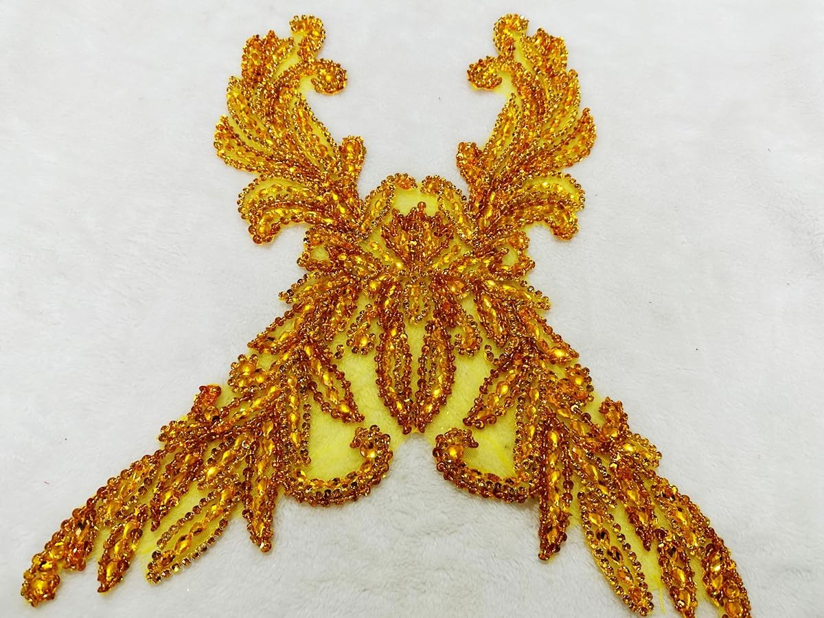Pure Handmade Rhinestones lace Applique Accessories handsewing Beads Stones Trim Patches for Girl Wedding Dress (Gold)