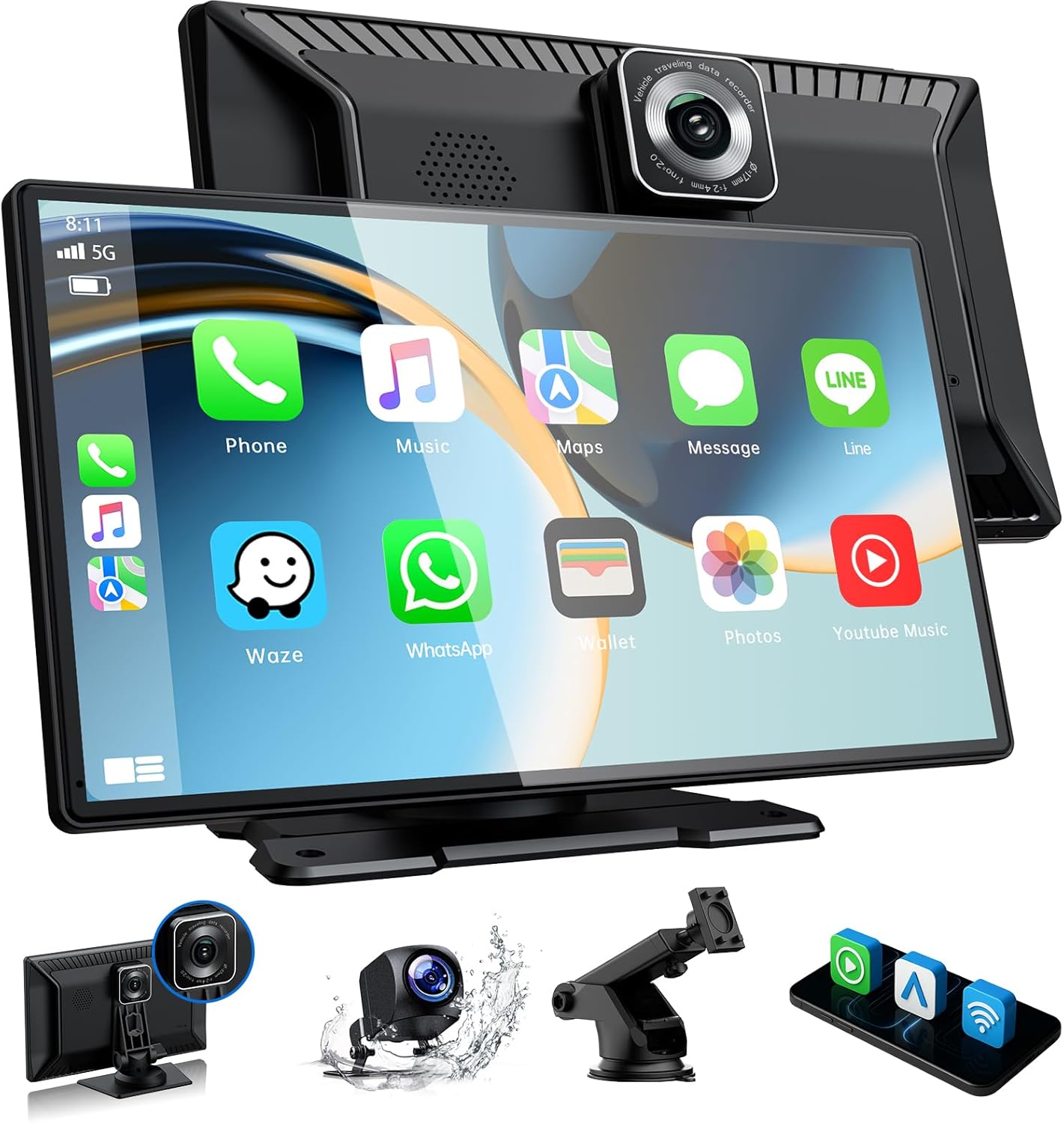 Volam 9 inch pantalla carplay coche y 2.5K Dashcam,1080p Rearview Camera,pantalla coche CarPlay&Android Auto,MirrorLink,GPS-Navigation,Voice Assistant,Loop Recording,G-Sensor,64GB TF Card,Bluetooth