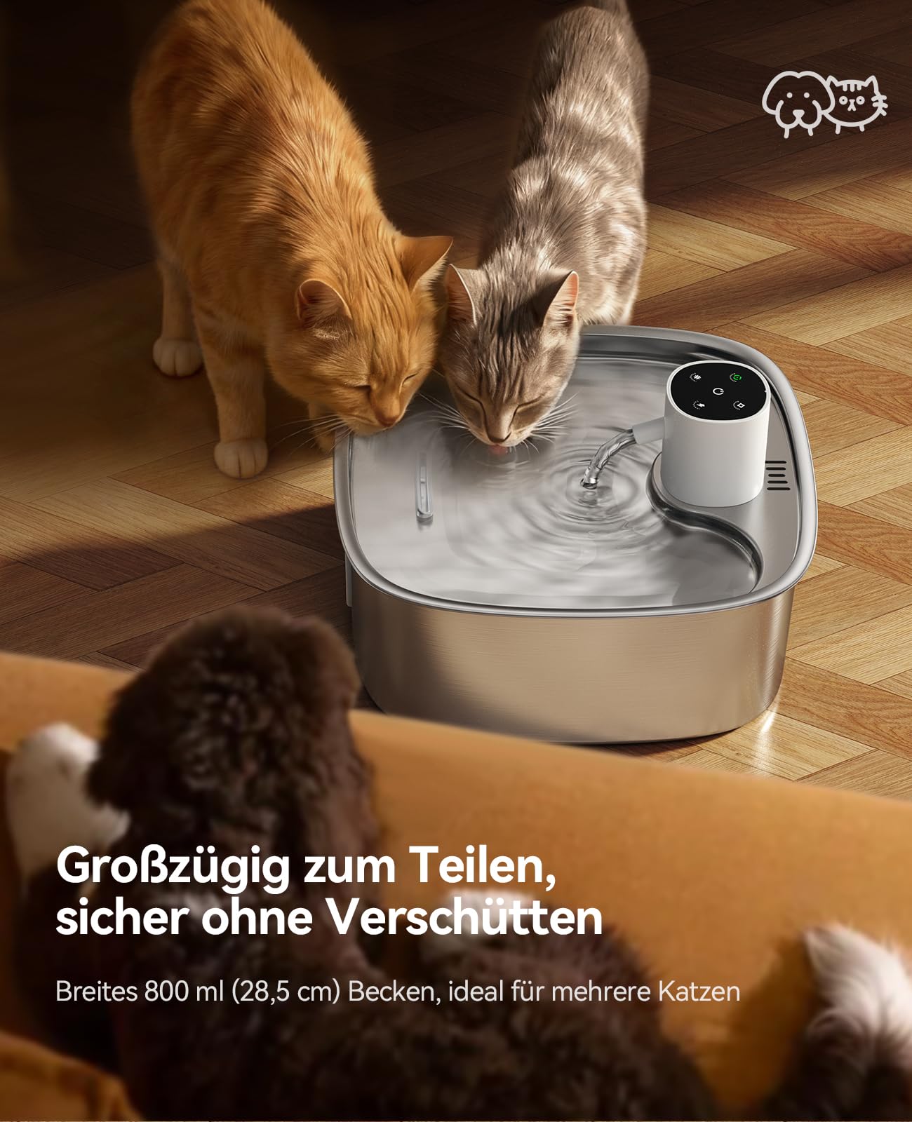 FEELNEEDY 8L Katzenbrunnen Kabellos, 5000mAh Trinkbrunnen für Hunde mit 3 Filters, Katzenbrunnen Edelstahl Spülmaschinenfest, Verbesserter Radarsensor
