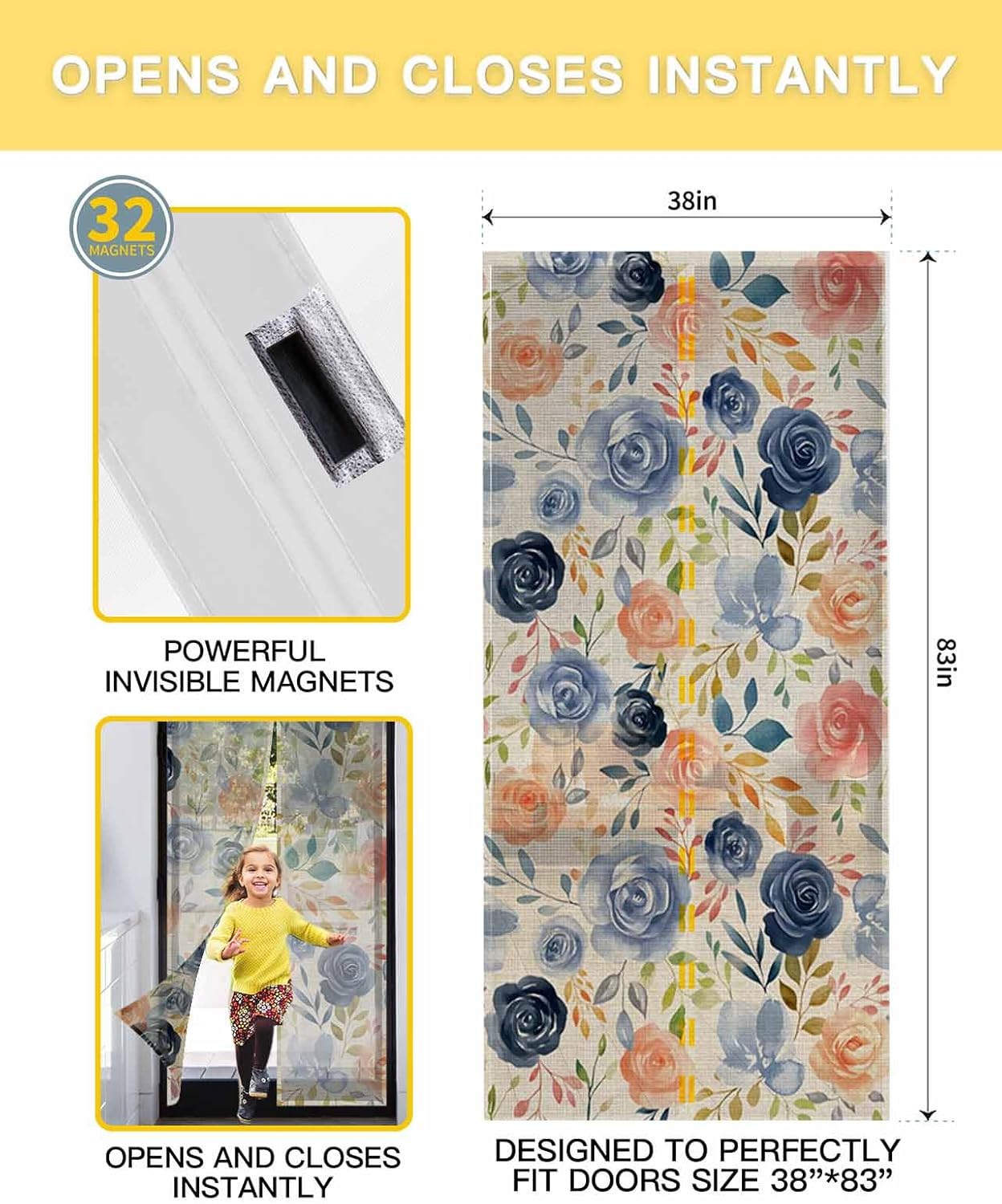 Colorful Flowers Magnetic Screen Door, Watercolor Retro Blue Pink Floral Hands Free Screens Mesh Size 38" x 83", Reinforce Heavy Duty Mesh Screen Doors for Patio/Front/Sliding Door