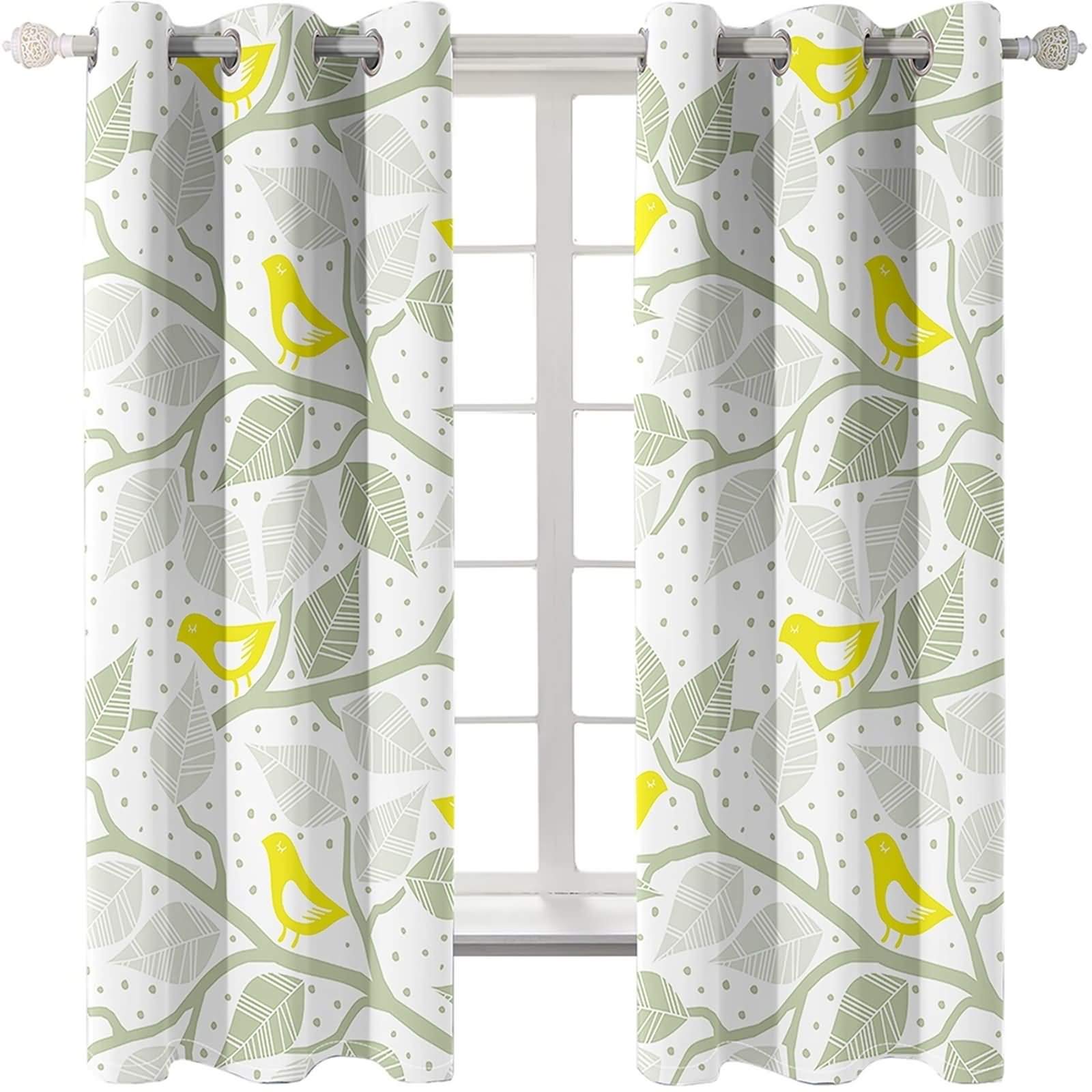 Daesar 2-częściowe zasłony, salon nowoczesny design zasłony 264 x 160 cm zasłony z oczkami ptak gałązka liść żółta zielona biała poliester