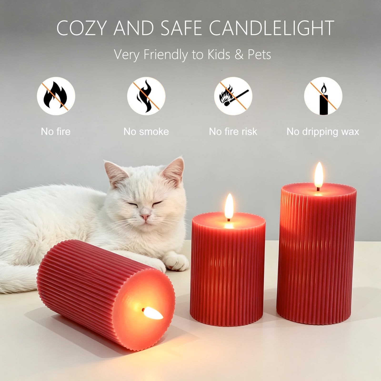 Set di 3 Candele LED, Candele Flickering Flameless, LED tea lights Tremolante con Telecomando e Funzione Timer, Finte a Batteria Stoppino di Candela 3D per Festa/Matrimonio/Hotel (Rosso)