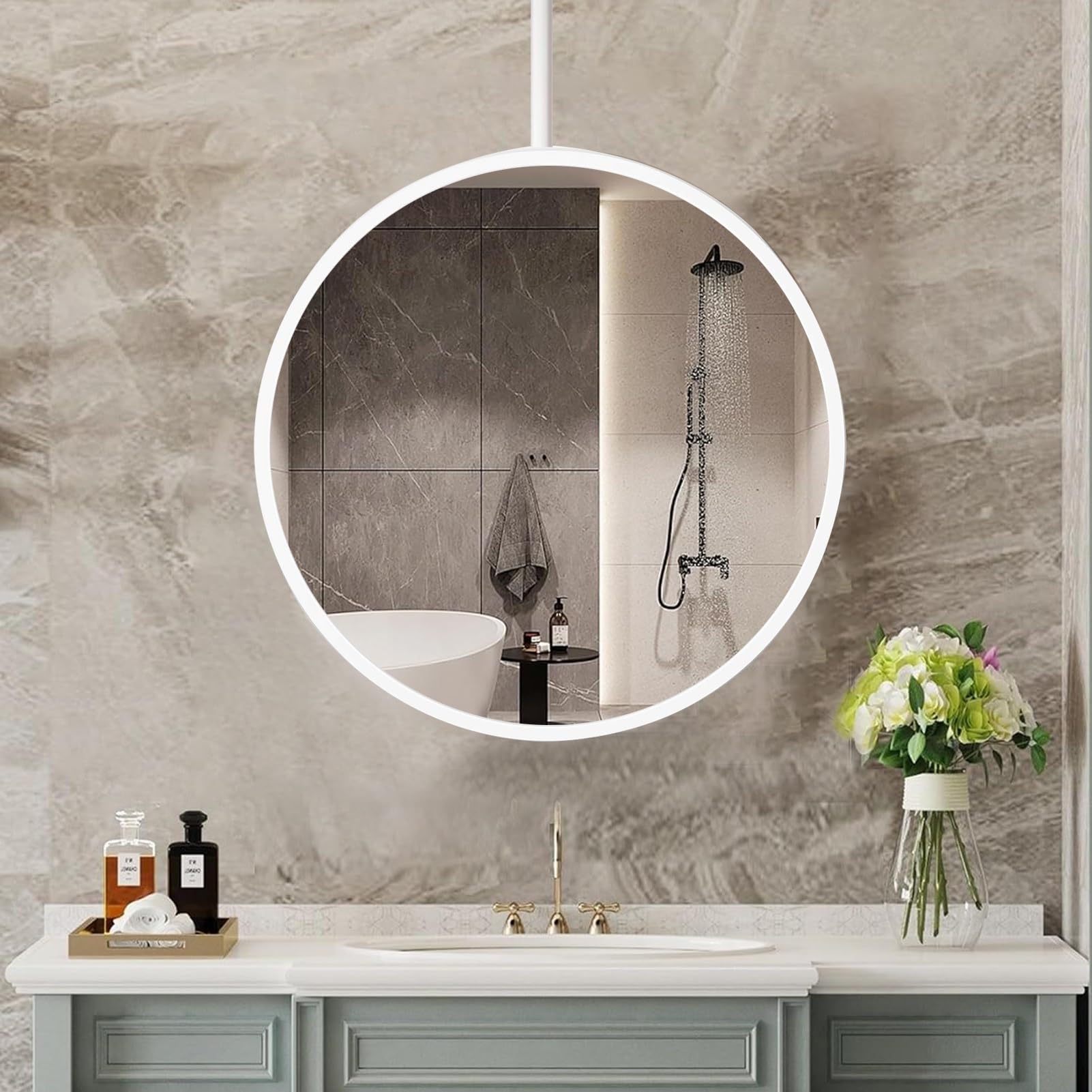 WJFTODAY Round Metal Framed Bathroom Mirror, Ceiling Hanging Wall-Mounted Vanity Mirror, 27.6 Inch Circle Mirror for Makeup and Home Decor - Stylish and Functional