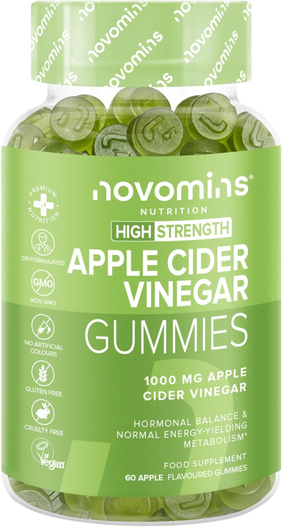 Apple Cider Vinegar with Mother - 1000mg ACV Gummies - Enriched with Vitamin B12, B6, D2-60 Vegan Gummies - Metabolism & Gut Health Support - Alternative to Apple Cider Vinegar Capsules - Novomins