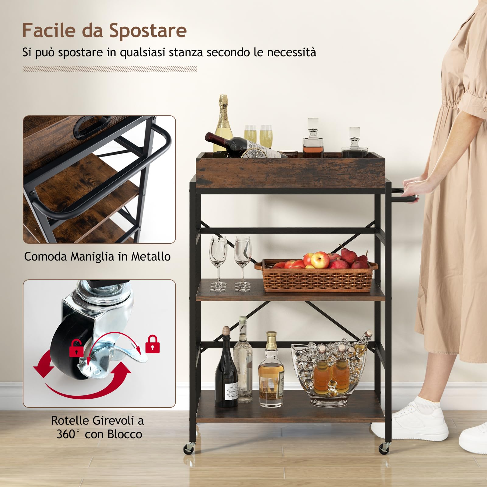 RELAX4LIFE Carrello da Cucina, Carrello da Servizio a 3 Ripiani con Vassoio Rimovibile e Ruote Universali, Carrello Industriale per Cucina, Sala da Pranzo, Soggiorno, Bar, Marrone Rustico e Nero
