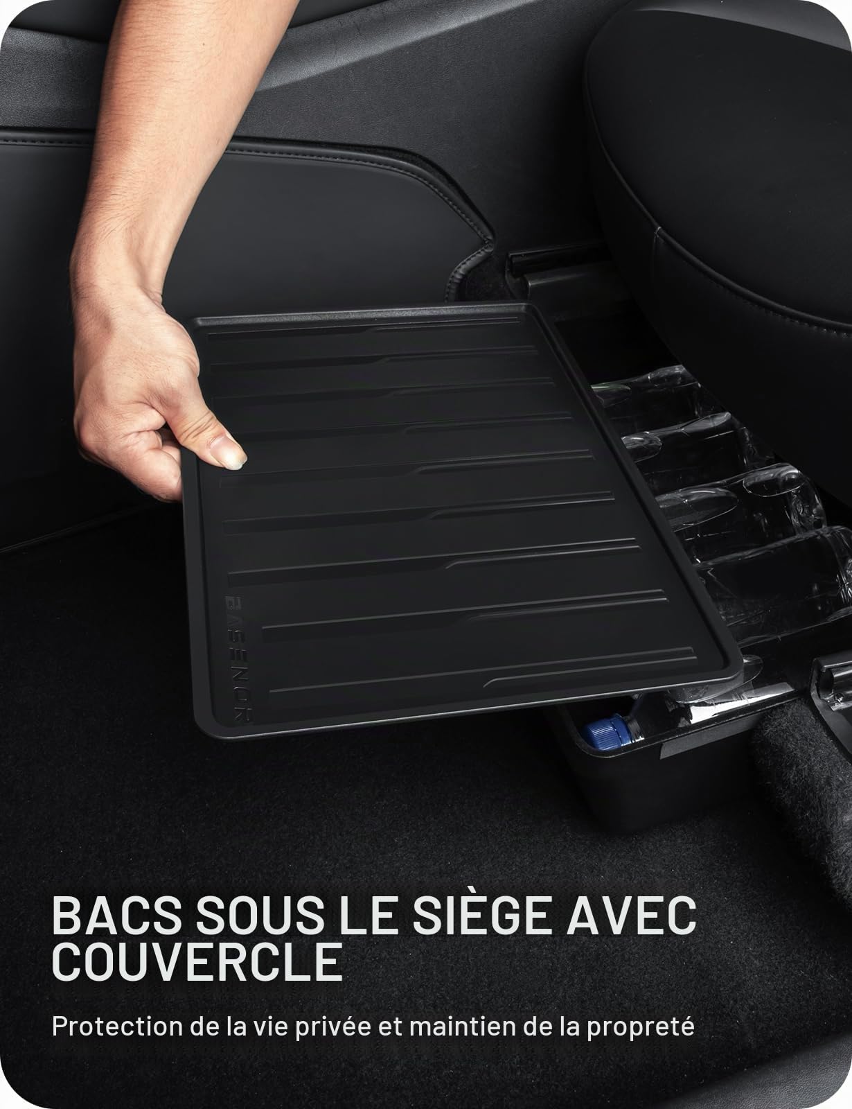 BASENOR 2 pièces Tesla modèle Y sous le siège boîte de rangement organisateur plateau caché bacs sous le siège avec couvercle accessoires intérieurs Gen 2 2021-2024