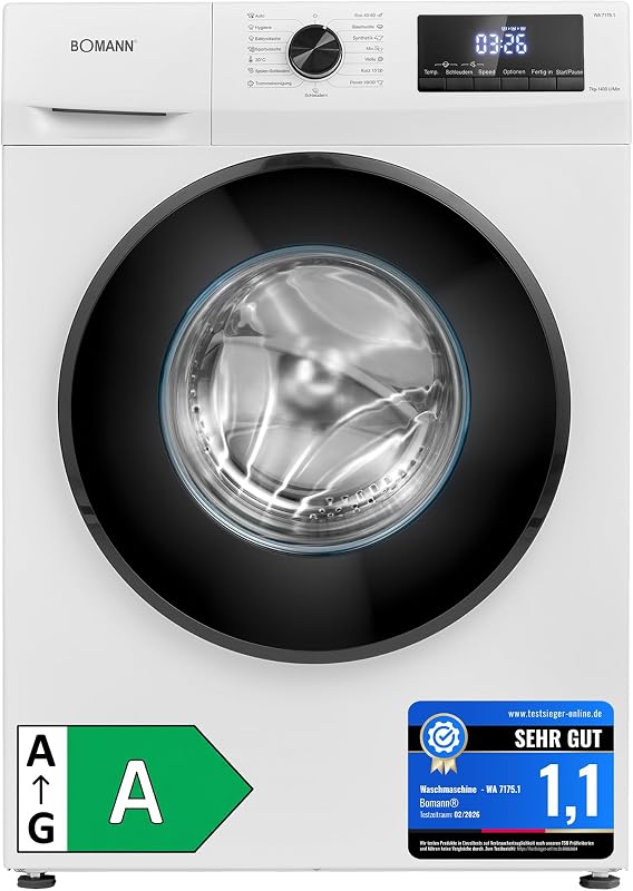 Bomann® Waschmaschine 7kg | max. 1400 U/min | 10 Jahre Motor-Garantie | effizienter, leiser & langlebiger Invertermotor | 15 Programme | Endzeitvorwahl | LED-Display | Washing Machine | WA 7175.1 weiß