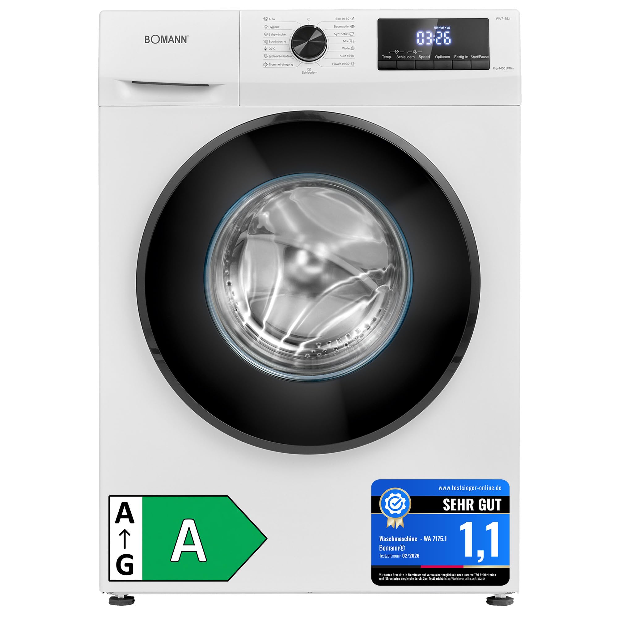 Bomann® Waschmaschine 7kg | max. 1400 U/min | 10 Jahre Motor-Garantie | effizienter, leiser & langlebiger Invertermotor | 15 Programme | Endzeitvorwahl | LED-Display | Washing Machine | WA 7175.1 weiß