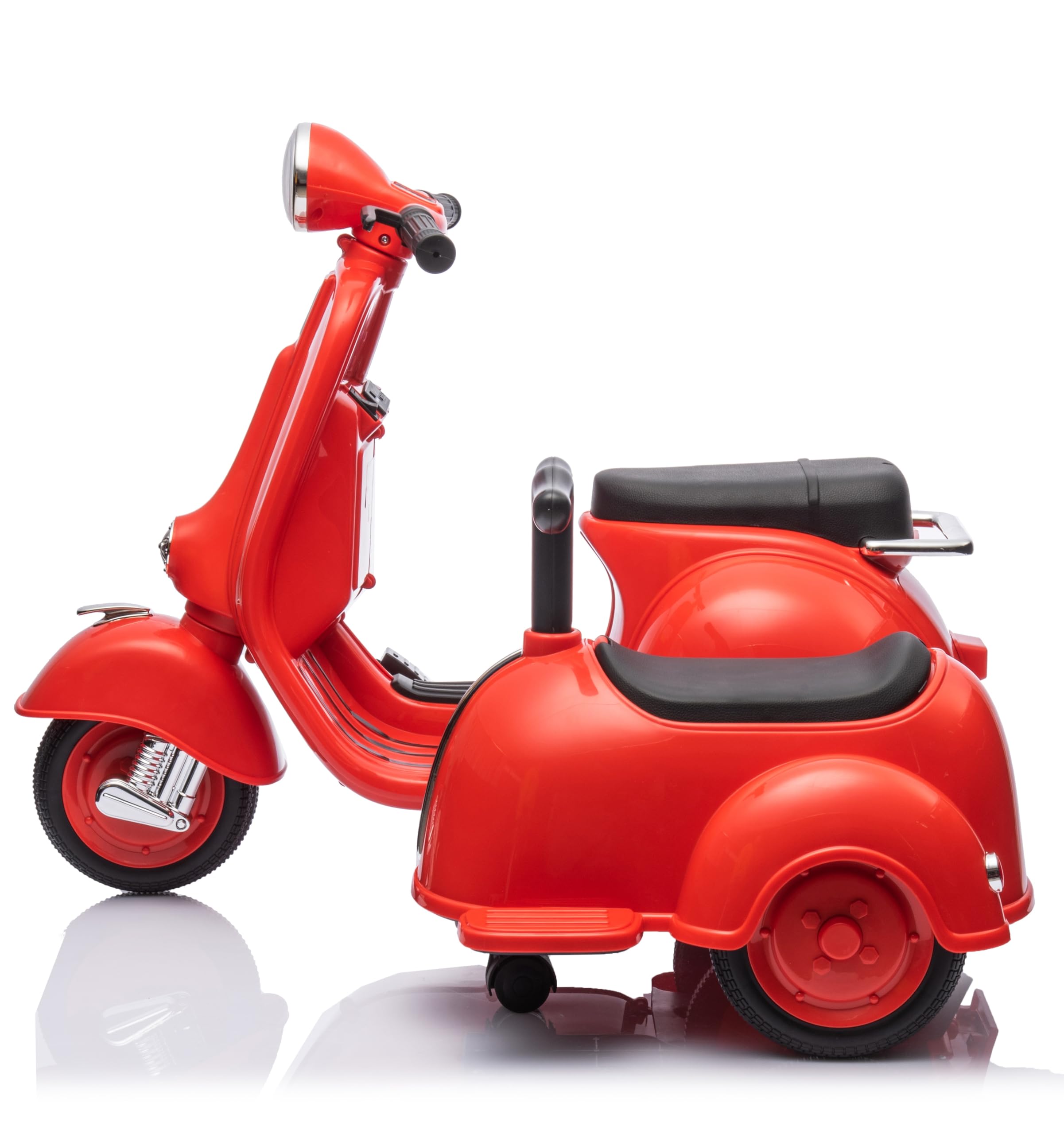 MR J toys&more Piaggio Vespa con Sidecar Small Elettrica 6V per Bambini con USB e luci mp3 Due posti Suoni e mp3 Elettrica (Rosso)