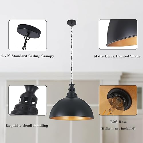 Miniatura 5 de Lámpara colgante negra de 19.7 pulgadas, lámpara colgante vintage de granja, lámpara industrial grande de cúpula rústica para isla de cocina,