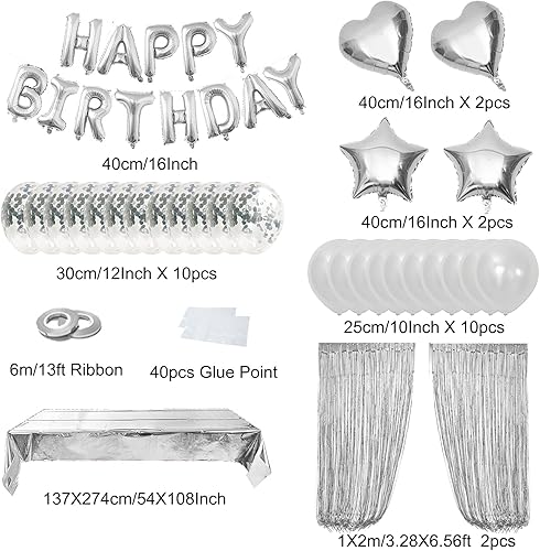 Miniatura 2 de ZERODECO Decoraciones de cumpleaños plateadas, globos de papel de aluminio de feliz cumpleaños, mantel con flecos, cortinas brillantes, bandera de