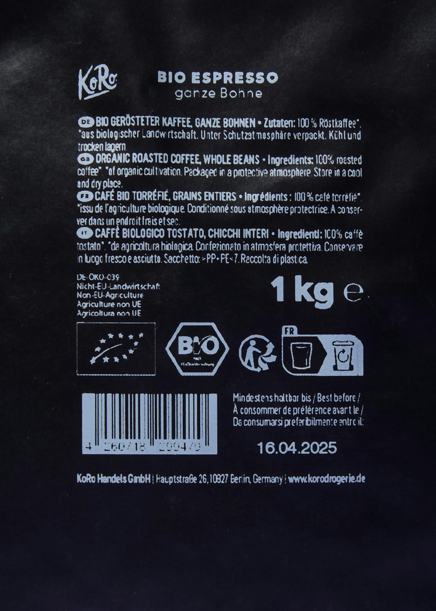 KoRo - Caffè per espresso in grani interi bio 6 x 1 kg - Miscela con 80% Arabica e 20% Robusta - Tostatura delicata - Gusto equilibrato
