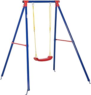Outsunny Kids Swing Set Toddler Swing Adjustable Rope Heavy Duty A-Frame Stand Outdoor Playset for 3-8 Years Old Blue